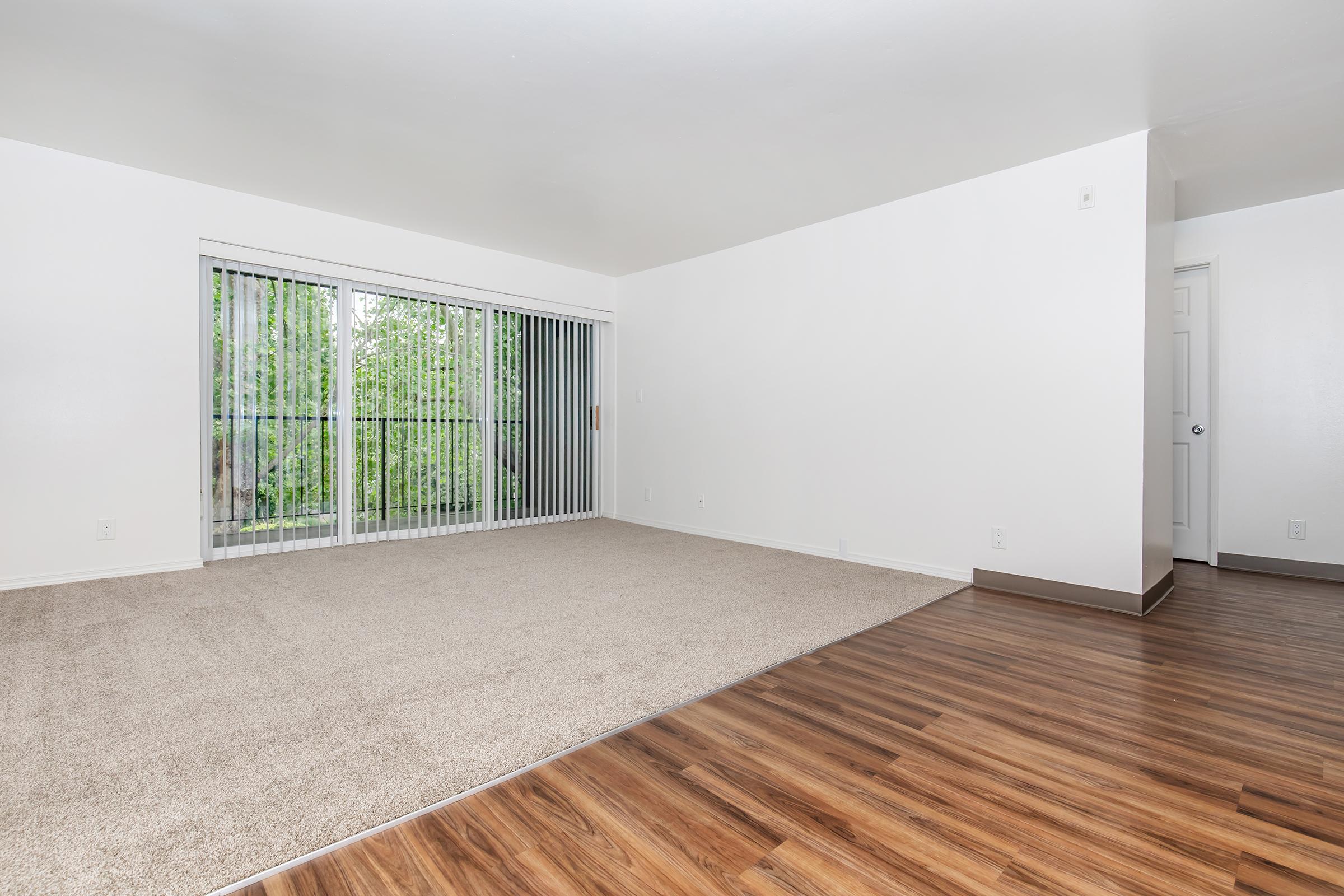 Bright and spacious living room featuring light-colored walls and a large sliding glass door with vertical blinds. The floor is a mix of carpet and wood laminate, and a balcony is visible outside. A door to another room is seen in the background, adding to the open feel of the space.