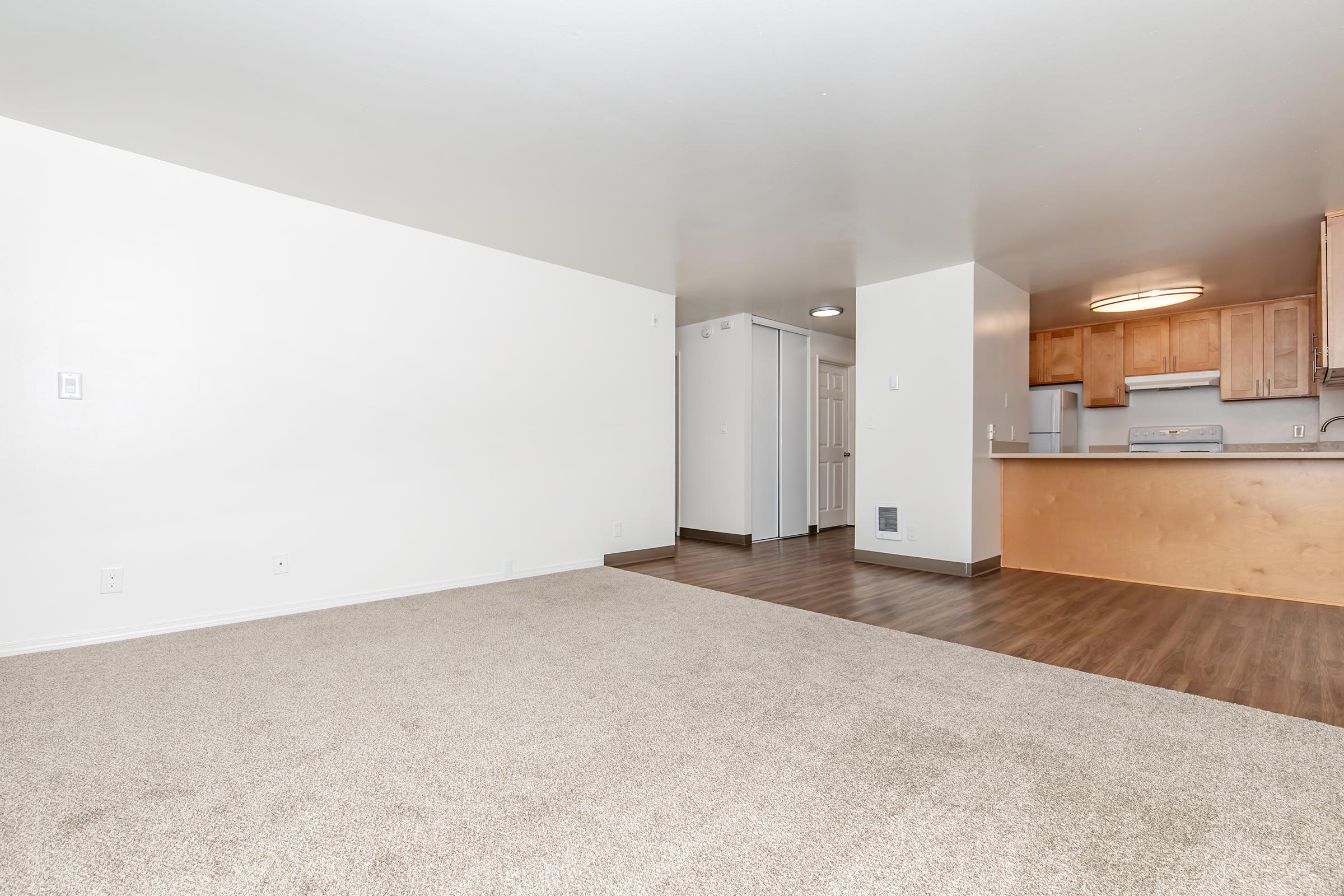 A spacious, empty living room with light-colored walls and a carpeted floor. A hallway leads to a kitchen area with wooden cabinetry in the background. The room features a ceiling light and an alcove, emphasizing an open and inviting layout.
