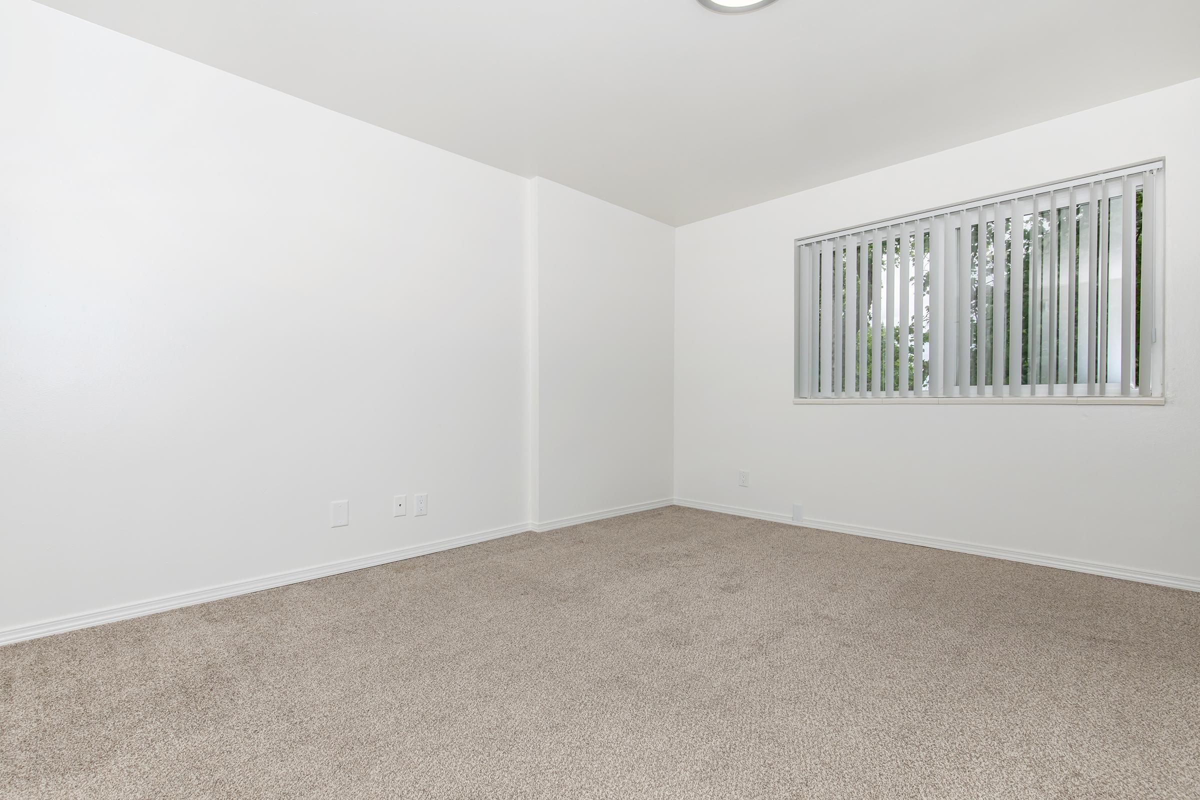 An empty room with light beige carpet and white walls. A window with vertical blinds is located on one wall, allowing natural light to enter. The room has minimal furnishings and a bright, clean appearance, making it suitable for various purposes or decoration.