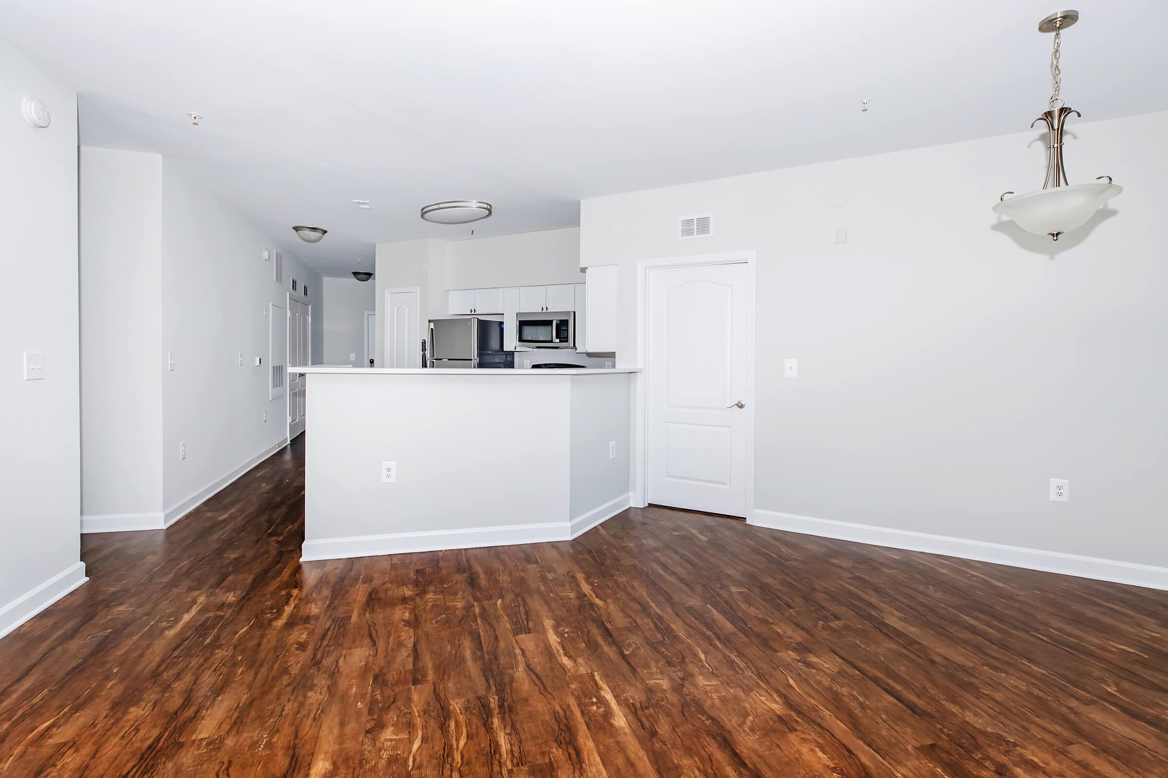 Spacious, modern apartment interior featuring a light-filled living area with hardwood-style flooring, a kitchen bar with seating, stainless steel appliances, and neutral-colored walls. The open layout provides a seamless flow between the living space and kitchen area.