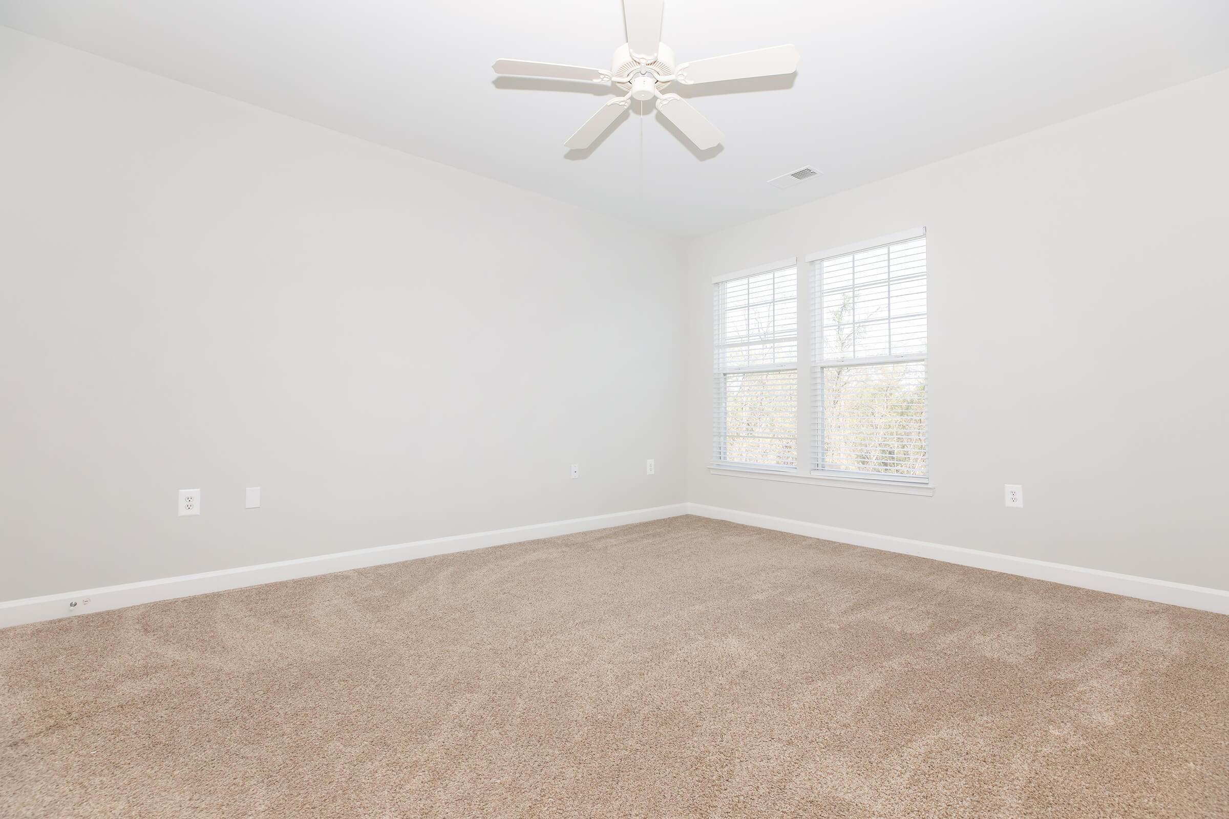 Empty room with light gray walls and beige carpet. A ceiling fan is visible, and there are two windows with white blinds allowing natural light to enter, creating a bright and spacious atmosphere. The room is unfurnished and clean.