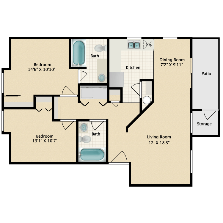 Floor plan image of 2 Bed 2 Bath