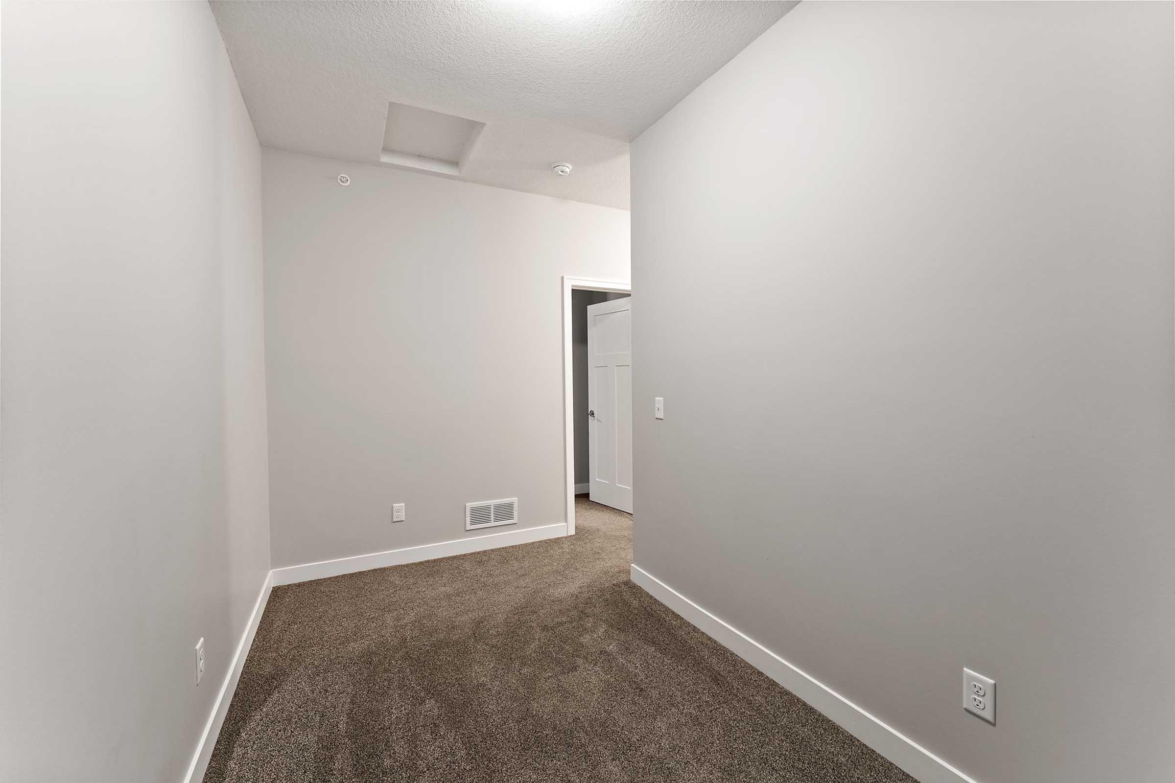 A narrow hallway with light gray walls and carpet flooring. There is a ceiling light fixture visible, and a door leading to a closet is seen on the right. The space appears empty and well-lit, creating a clean and modern atmosphere.