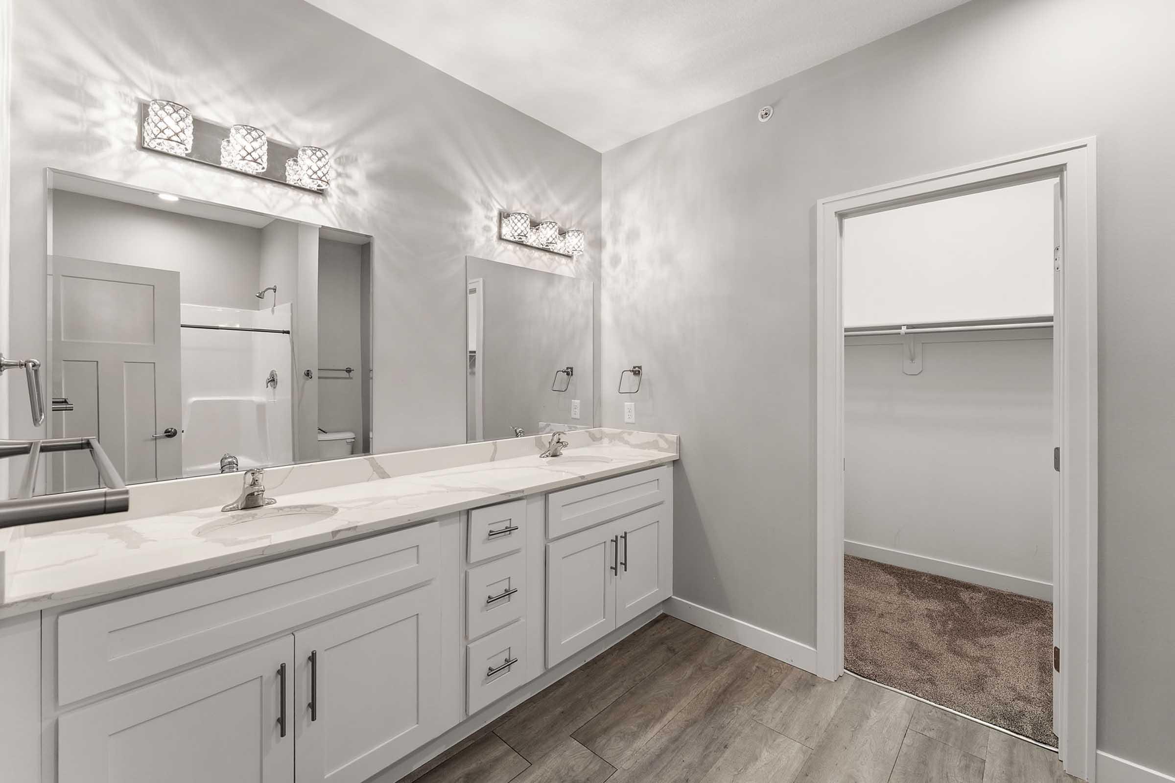Modern bathroom with dual sinks, bright lighting from elegant fixtures, and a large mirror. The walls are painted in a light gray, and there is a separate closet area visible through a door. The flooring is a mix of tile and carpet, creating a cozy yet stylish atmosphere.