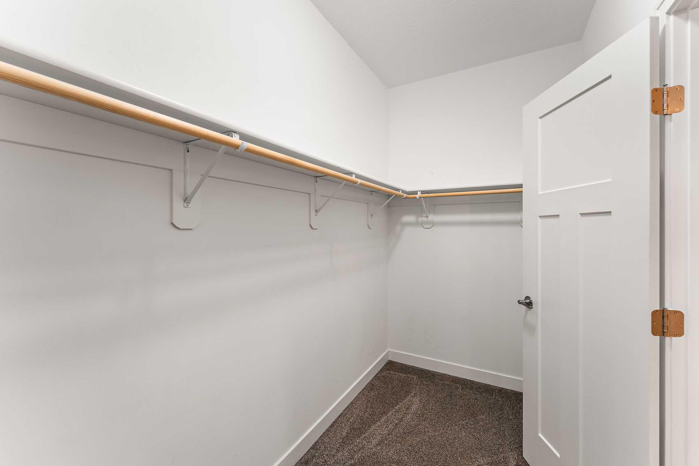 A spacious, empty closet featuring white walls, a light-colored wooden rod for hanging clothes, and carpeted flooring. The closet has a simple white door, creating a minimalist and clean look.
