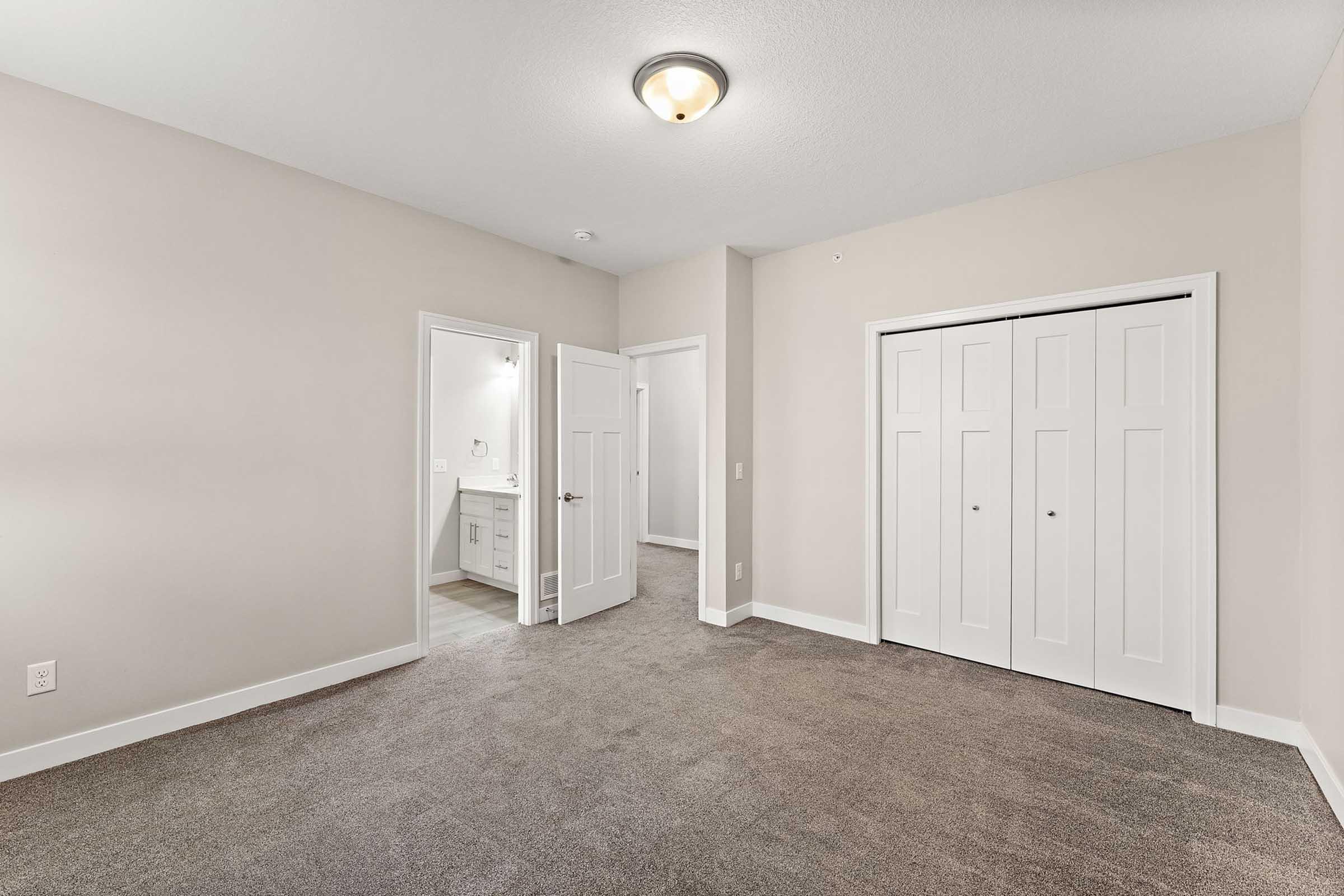 A spacious room with light-colored walls and plush carpet. A door leads to a bathroom with a visible sink area. Another door opens to a closet with double doors. The room is well-lit by a ceiling fixture, creating a bright and airy atmosphere.