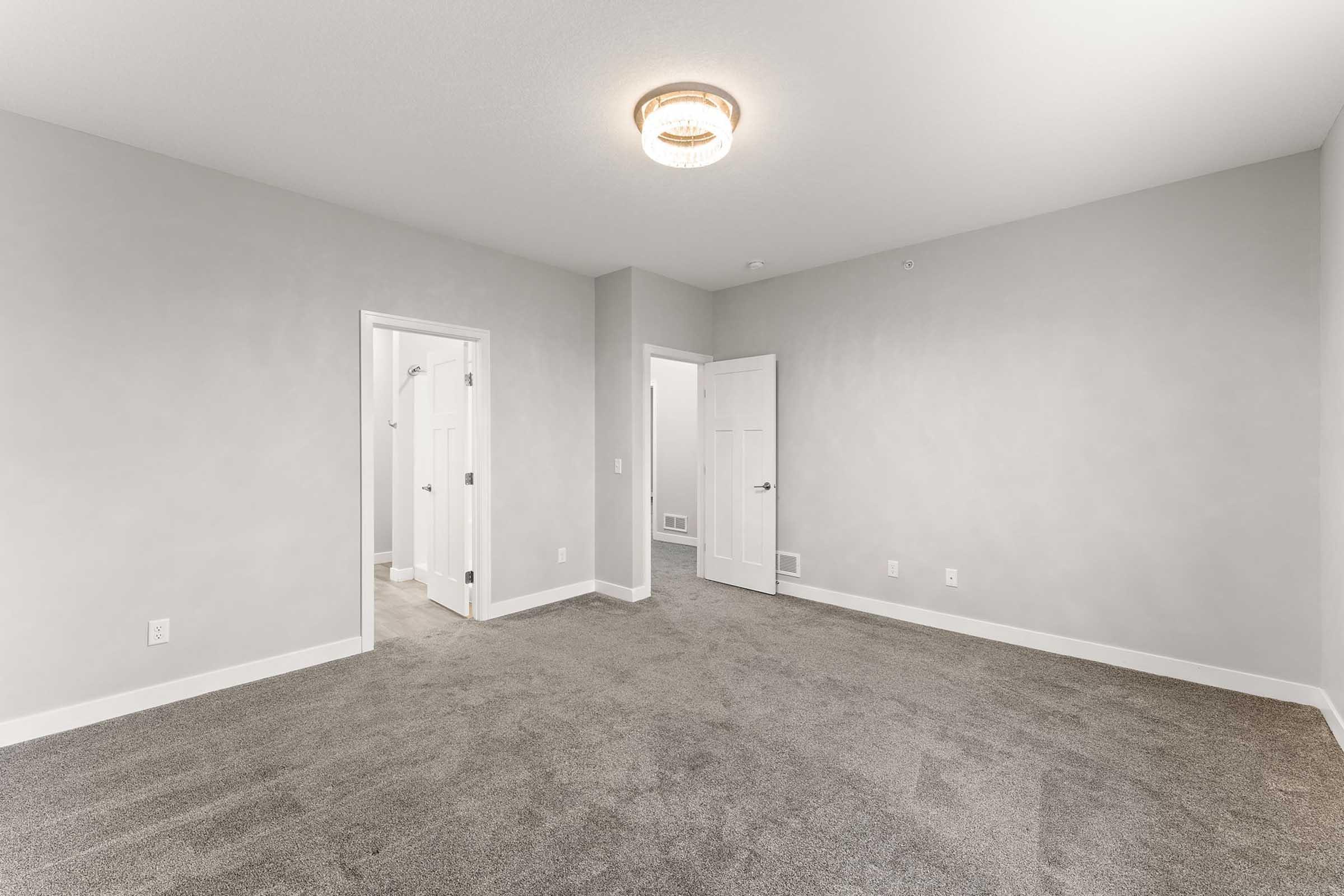 A spacious room with light gray walls and plush gray carpet. Two doorways lead to adjacent spaces, one likely a bathroom. The ceiling features a modern light fixture, and the room is bright and uncluttered, providing a fresh and inviting atmosphere.