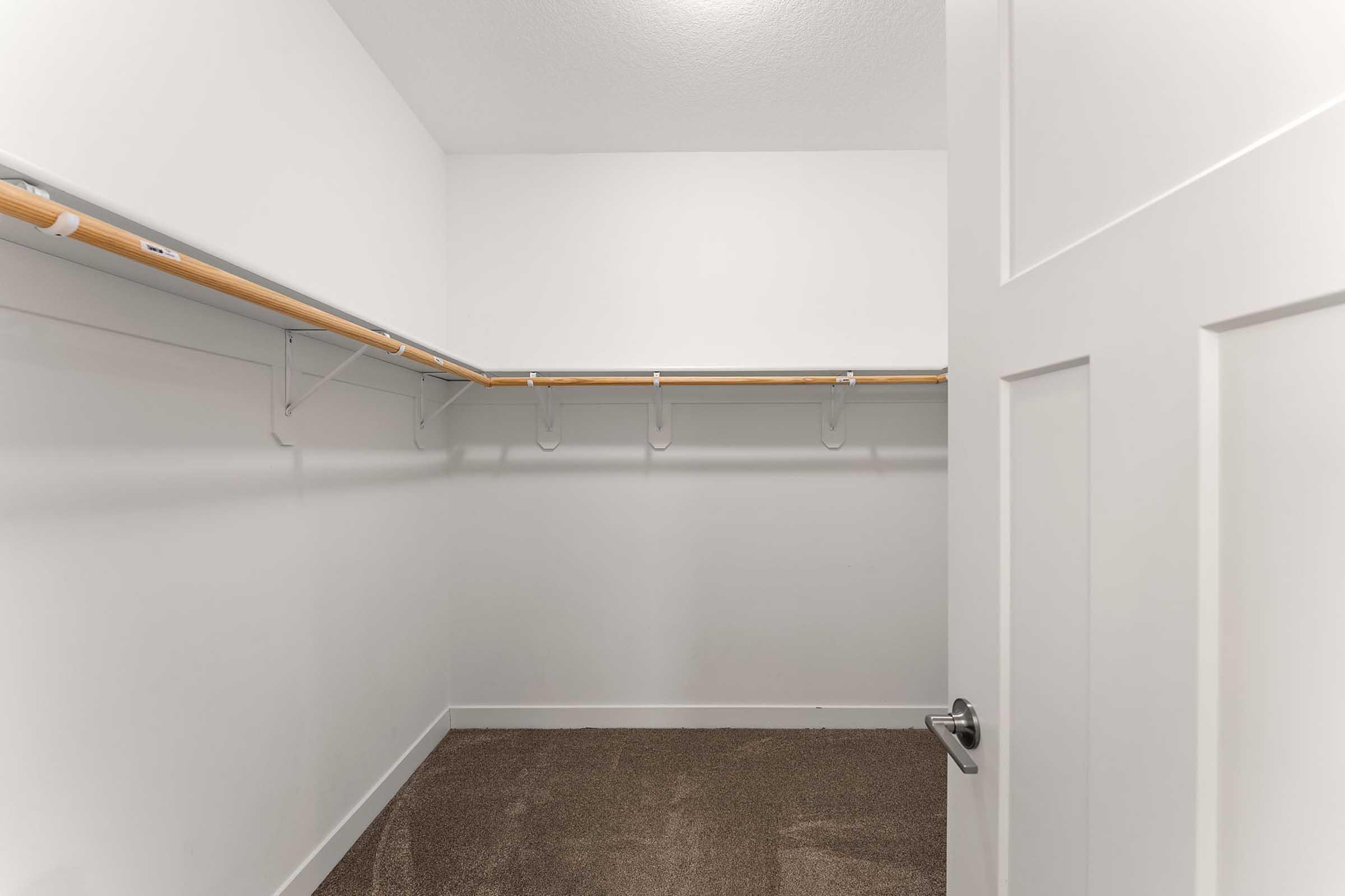 A clean and empty closet with white walls and a tan carpet. The closet features a wooden rod for hanging clothes, with several hooks visible. A closed white door leads into the space, creating a minimalist and organized appearance.