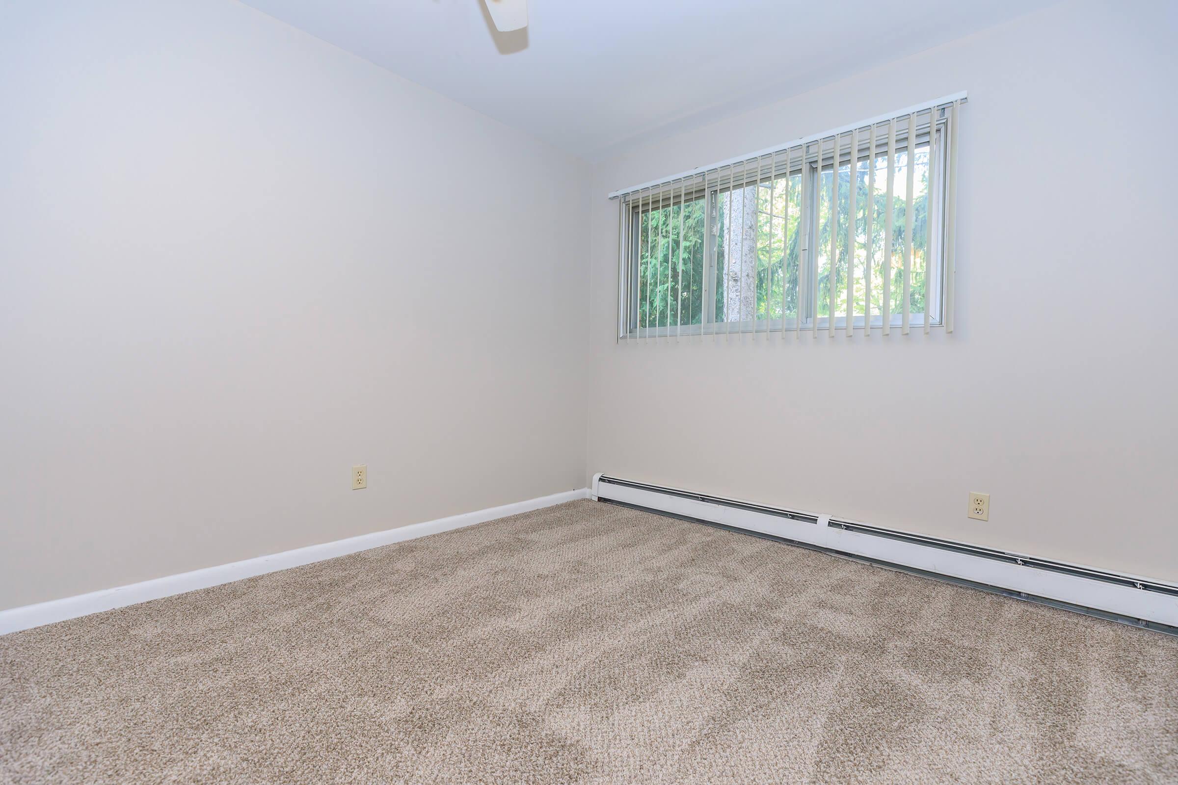 A light-colored room featuring beige carpet flooring, white walls, and a large window with vertical blinds allowing natural light. The room appears empty, with no furniture or decorations, creating a spacious and open feel.