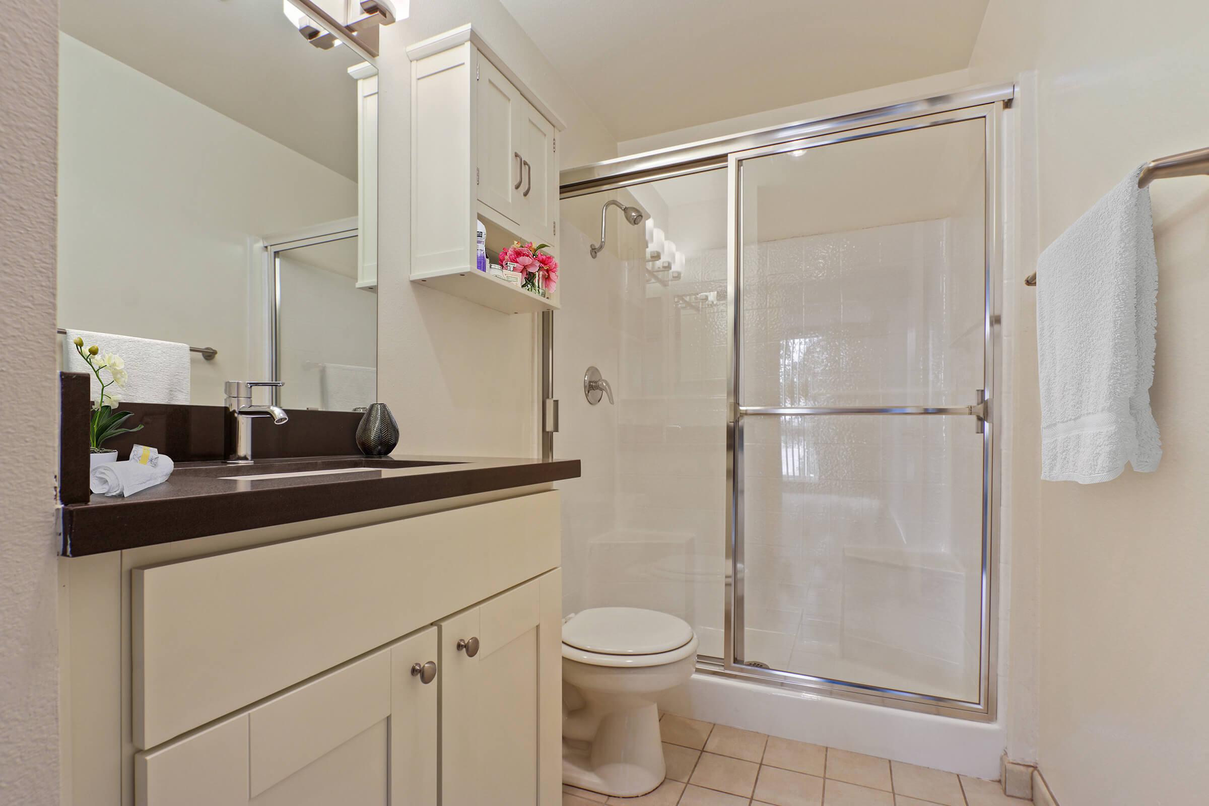 a white sink sitting next to a shower