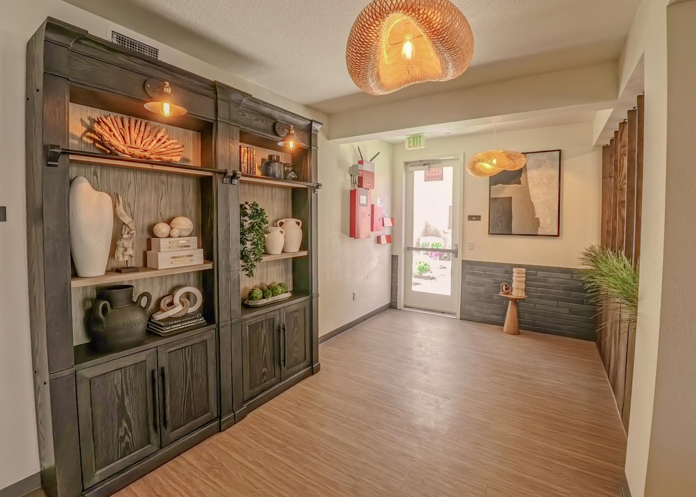 Stylish hallway featuring a dark wooden shelving unit filled with decorative items like vases and plants. It has warm lighting and modern decor, with a door leading outside visible in the background. The floor is light-colored, enhancing the inviting atmosphere of the space.