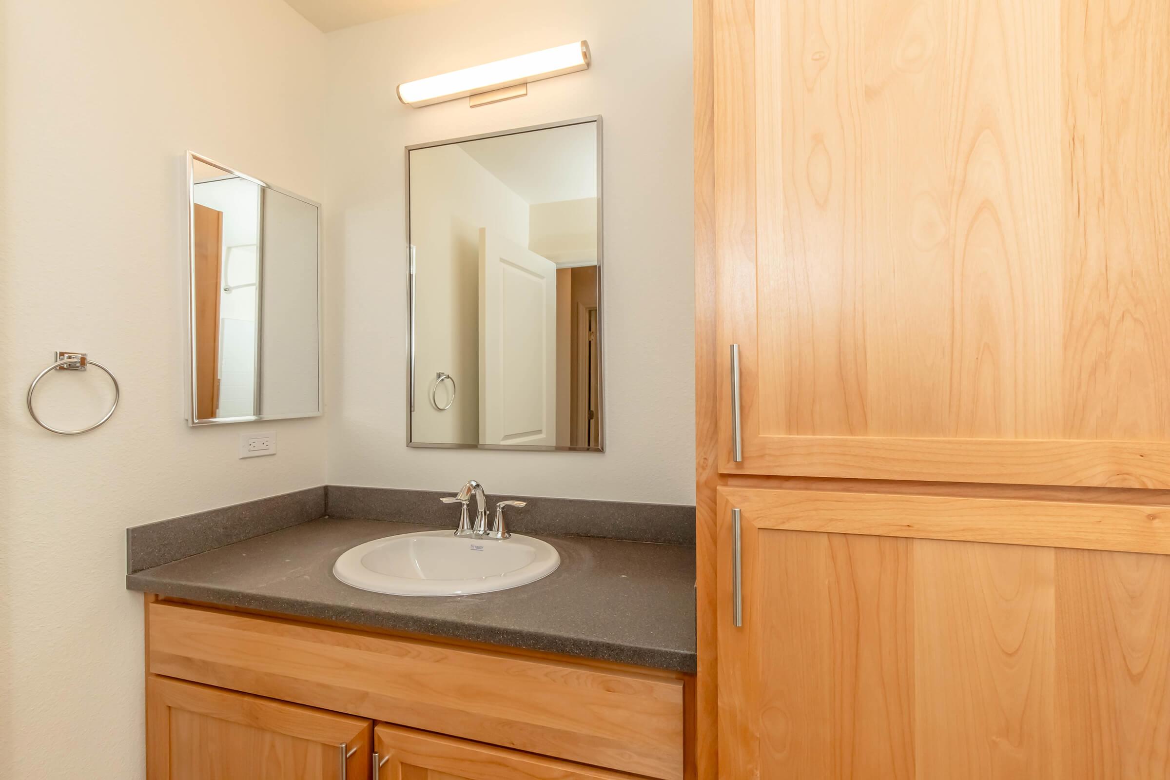 A clean bathroom with a round sink, a mirror mounted above it, and a cabinet with wood cabinetry. The countertop is dark gray, providing contrast to the light-colored walls. A towel ring is visible on the wall nearby. The overall aesthetic is modern and minimalist.