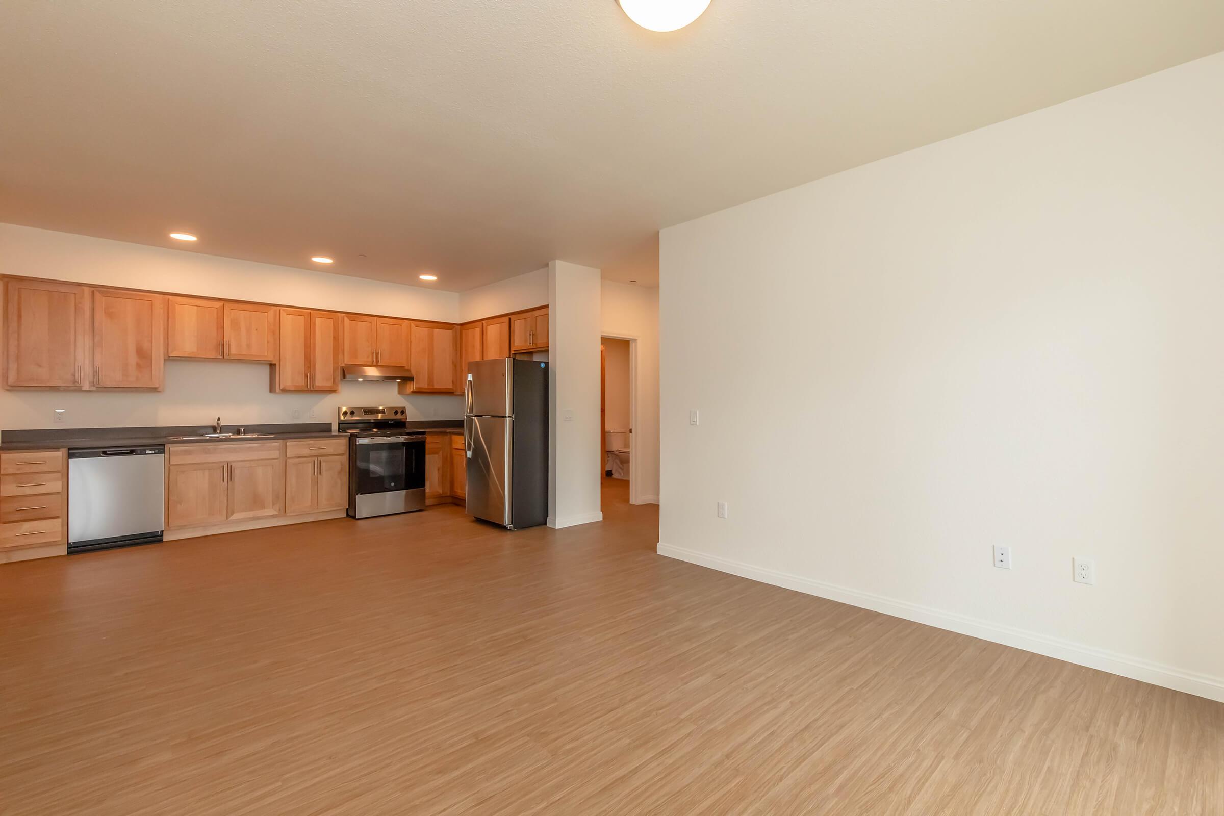 Interior view of a modern kitchen and living area combination. The kitchen features wooden cabinets, stainless steel appliances, and a counter. The living space has light-colored walls and a wood-like floor, creating a bright and inviting atmosphere. Well-lit room with ample space.