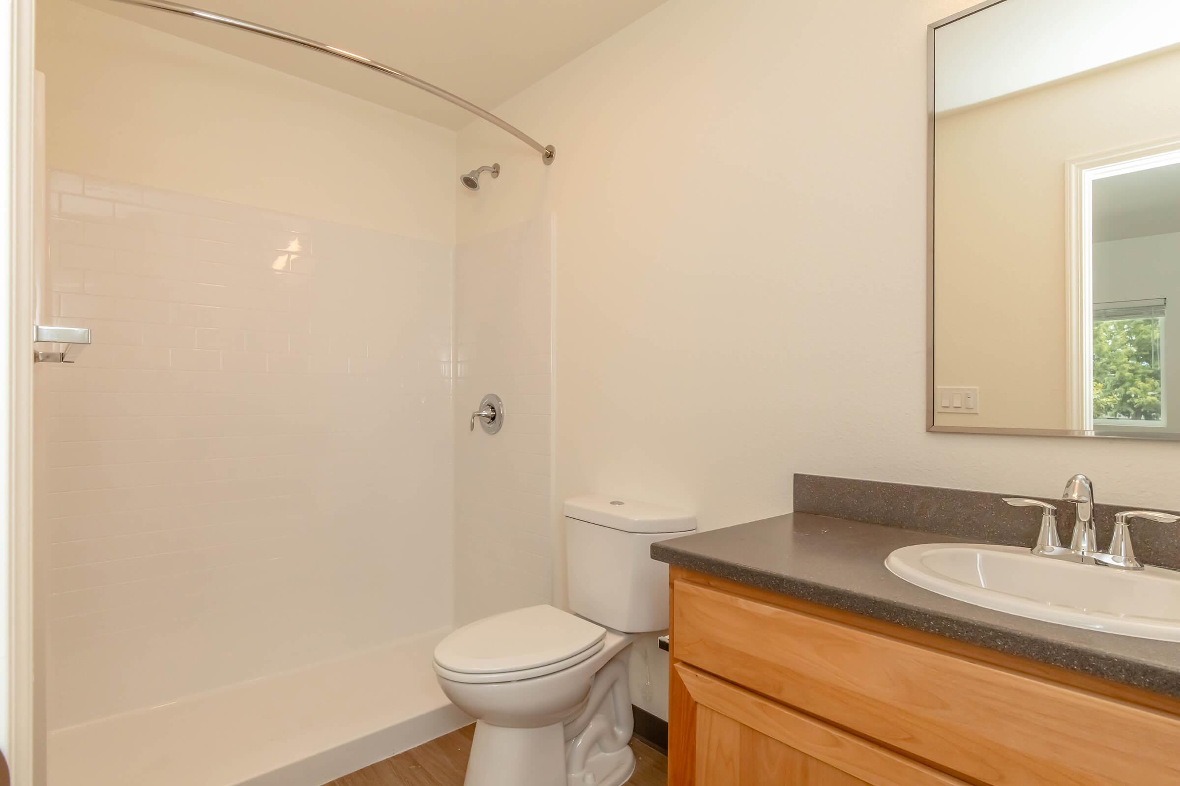 A clean bathroom featuring a white shower stall, a modern toilet, and a wooden vanity with a sink. The wall is painted light, and there's a mirror above the sink. Natural light enters through a window, creating a bright and inviting space.
