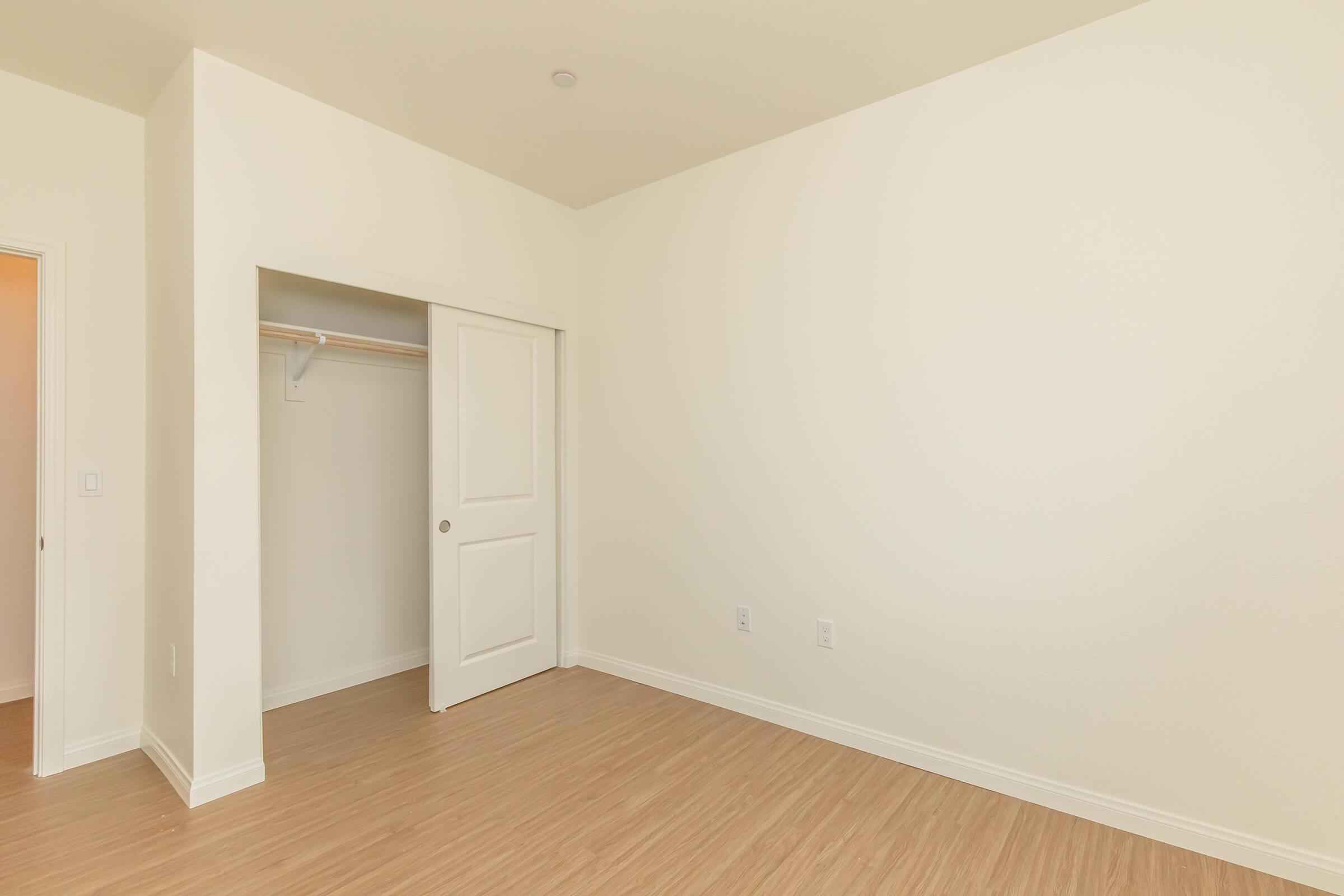 A spacious, empty room with light-colored walls and wooden flooring. There is a closed white door on the left leading to a closet with a hanging rod. The room is well-lit, creating an airy atmosphere, with no furniture or decorations present.