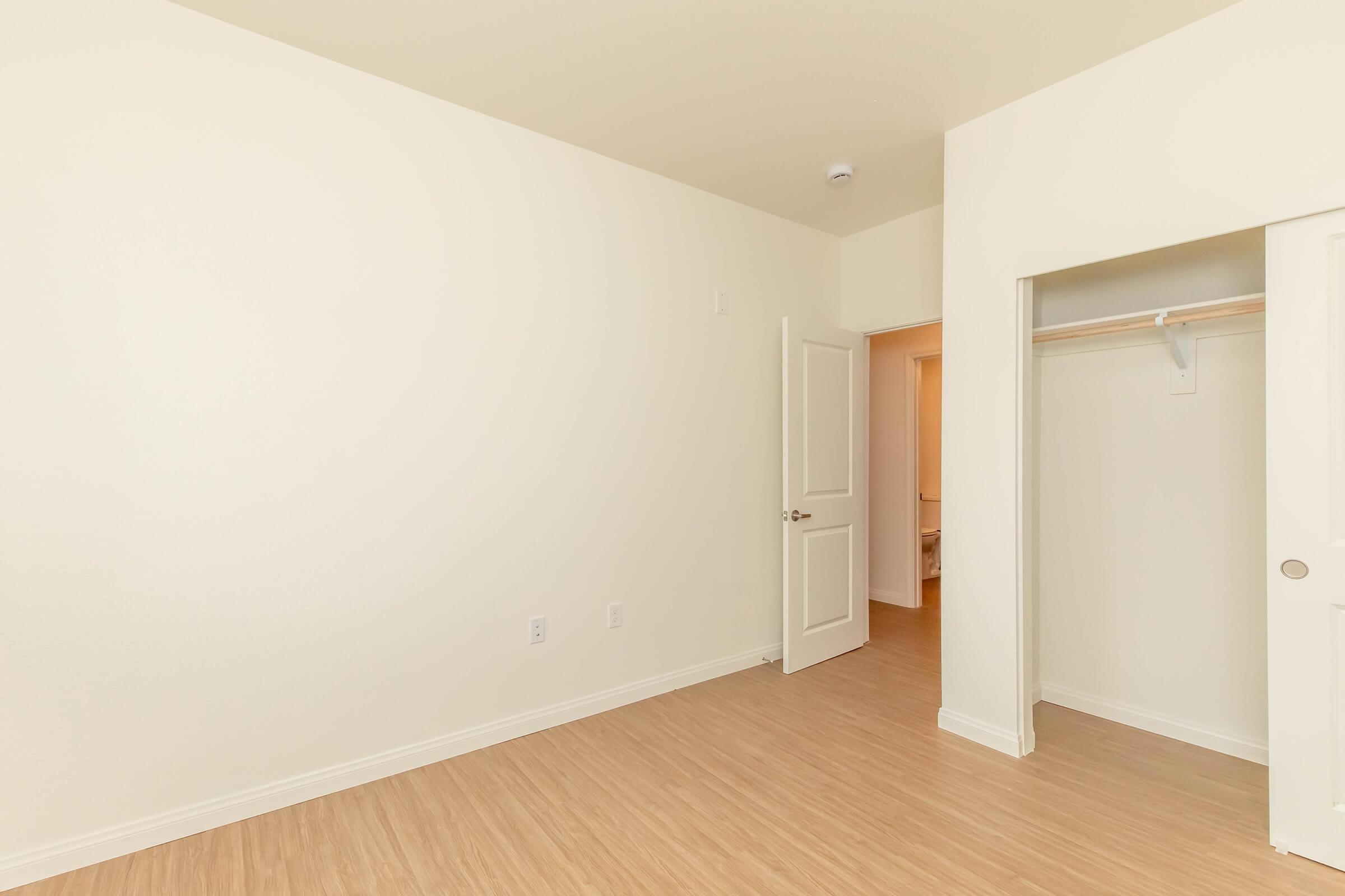 A simple, empty room with light-colored walls and a wooden floor. There is a closed door leading to another space and a closet with an open hanger rod. The bright natural light creates an airy atmosphere, enhancing the spacious feel of the room.