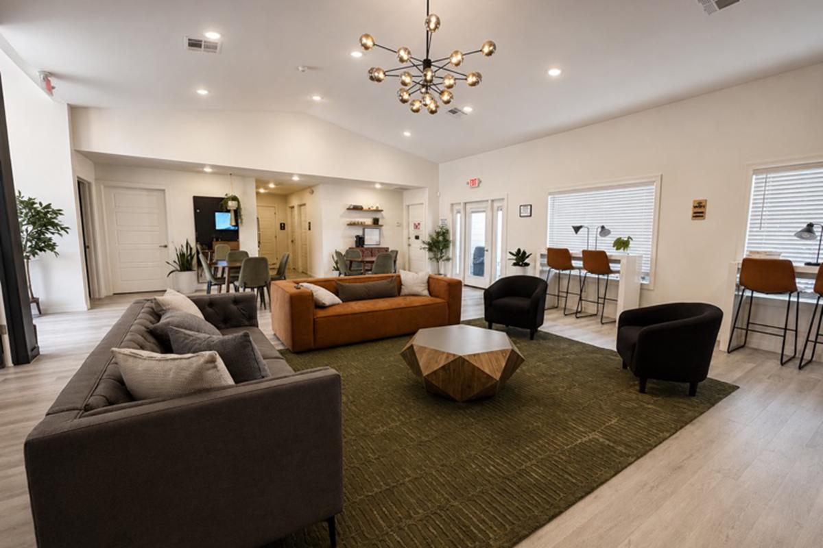 Modern lounge area featuring a mix of seating options, including dark gray and orange sofas, black armchairs, and a geometric coffee table. The soft green rug contrasts with the light-colored walls. Decorative plants and a wall-mounted TV enhance the inviting atmosphere, providing a cozy space for relaxation or socializing.