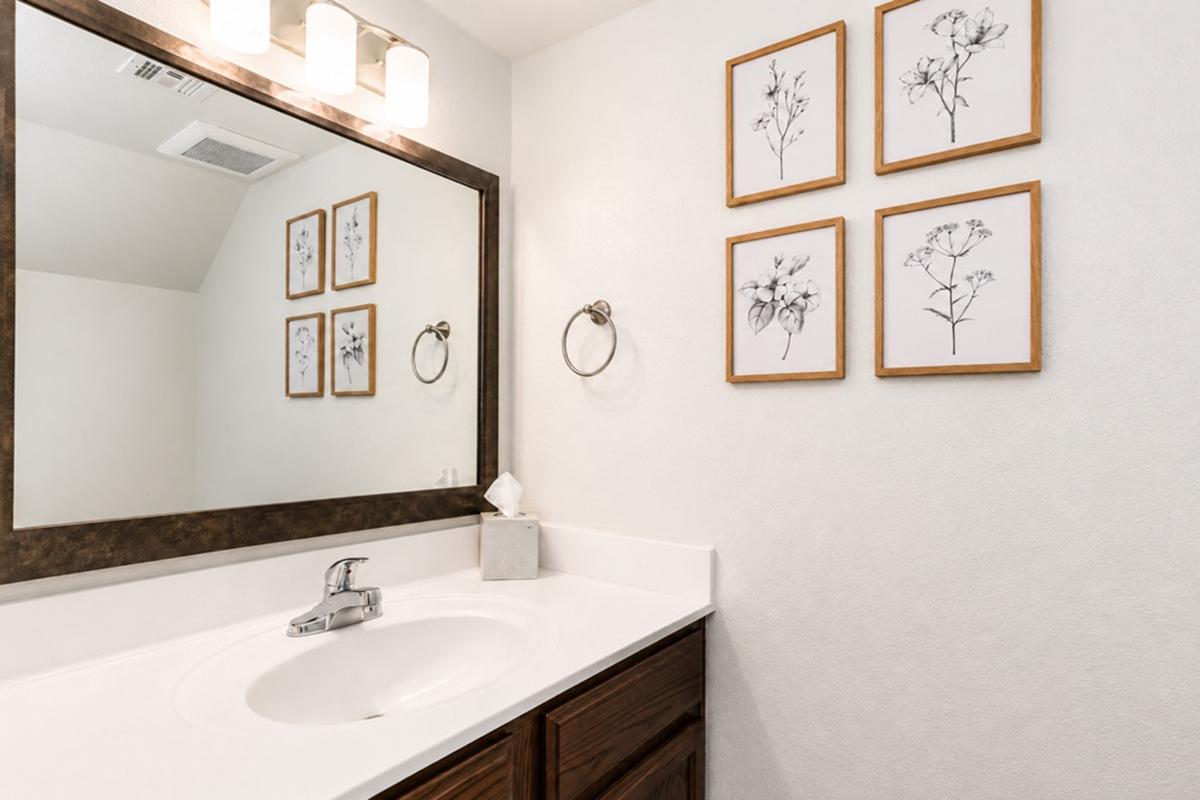 A clean bathroom with a white sink and dark wooden cabinet. Above the sink is a large mirror framed in dark wood. On the wall, there are four framed botanical prints with white backgrounds and simple black line drawings of flowers. A silver towel ring and a tissue box are also visible.