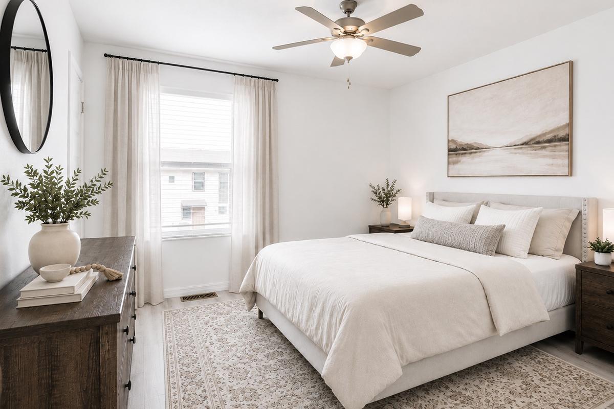 A bright, modern bedroom featuring a queen-sized bed with a light-colored comforter and several pillows. There's a large window with sheer curtains, a round mirror on the wall, and two bedside tables with lamps. Decorative plants and a nature-themed artwork above the bed complete the cozy atmosphere. A patterned area rug adds warmth to the space.