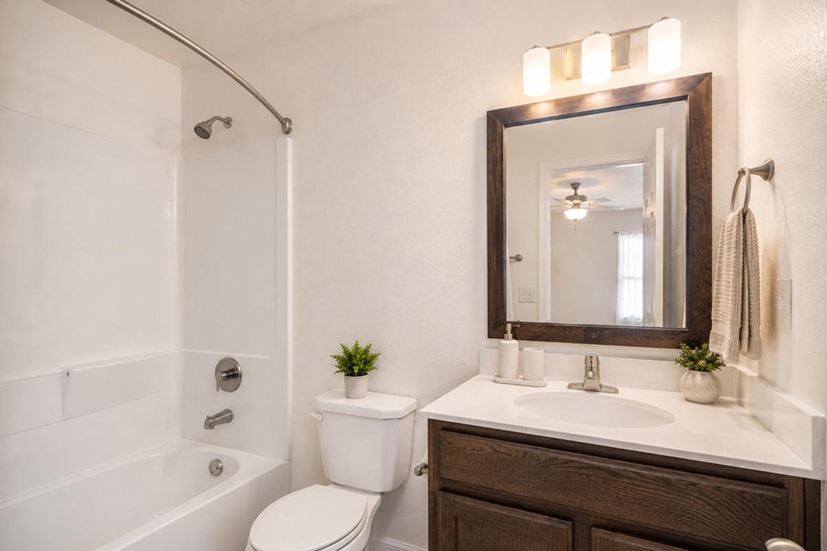 A modern bathroom featuring a white bathtub with a shower curtain, a toilet, and a wooden vanity with a sink. The vanity is complemented by decorative items, including a small plant and toiletries. A mirror with three light fixtures is positioned above the sink, and a curtain window allows natural light.