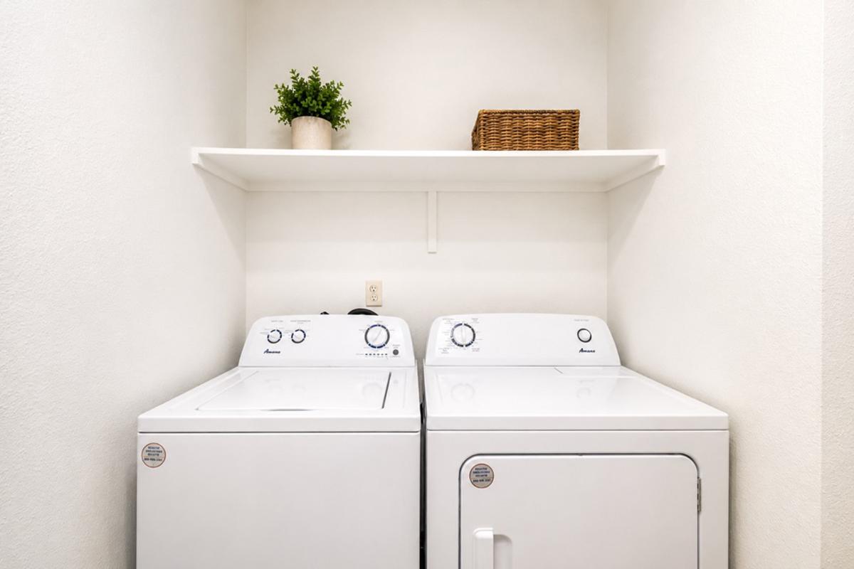 A clean laundry room featuring a white washing machine and dryer side by side. Above them, a simple shelf holds a potted plant and a wicker basket, all set against a light-colored wall. The well-organized space is bright and functional.