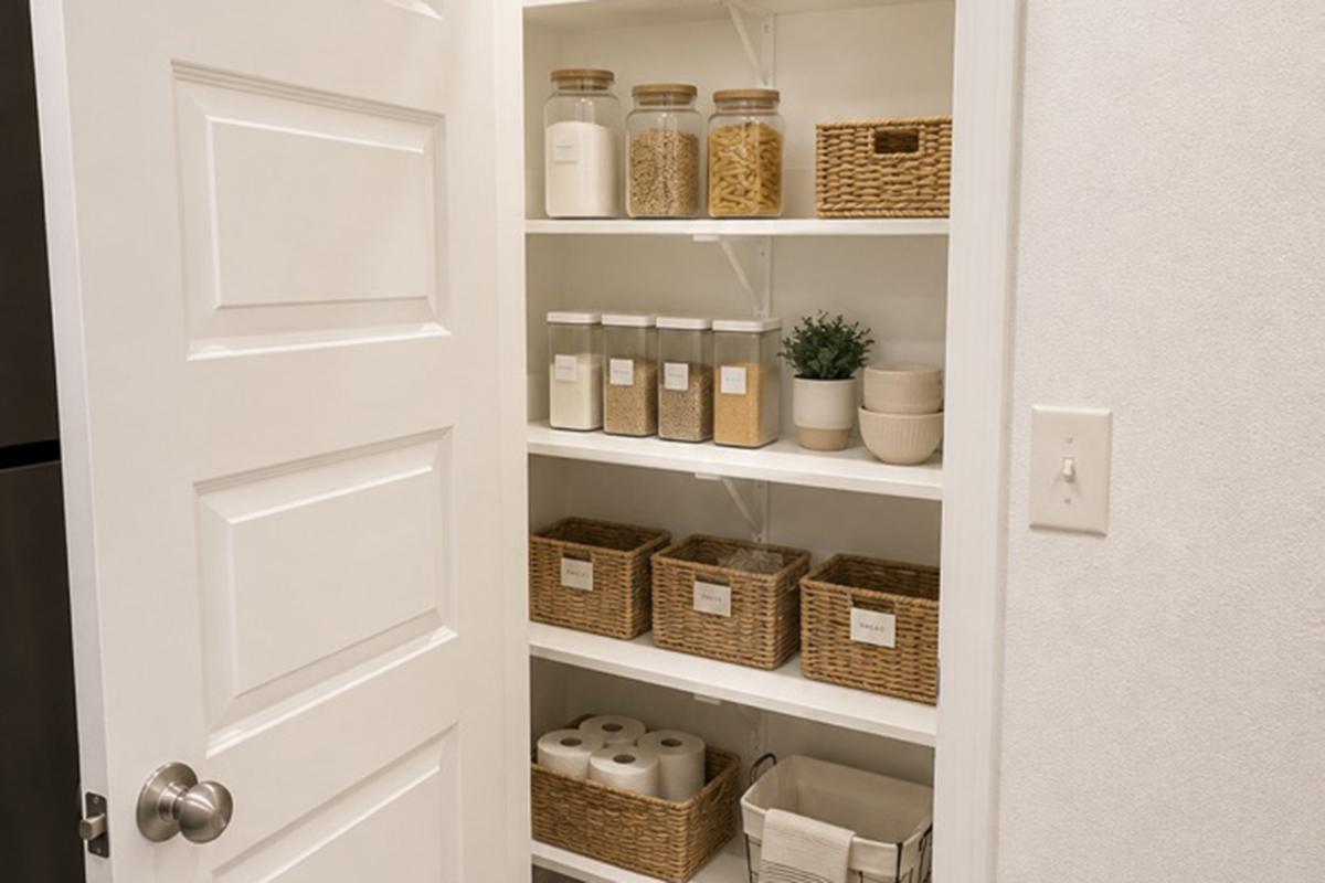 Organized pantry shelves featuring clear glass jars filled with various dry goods, woven baskets, and a small potted plant. The shelves are well-arranged with labels on jars and containers, creating a tidy and functional storage space. A white door is partially visible on the left side.