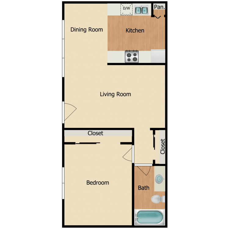 Plan 1A, a 1 bedroom 1 bathroom floor plan.
