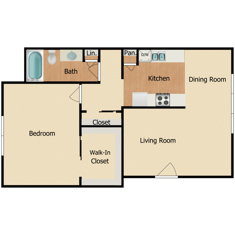 Plan 1B, a 1 bedroom 1 bathroom floor plan.
