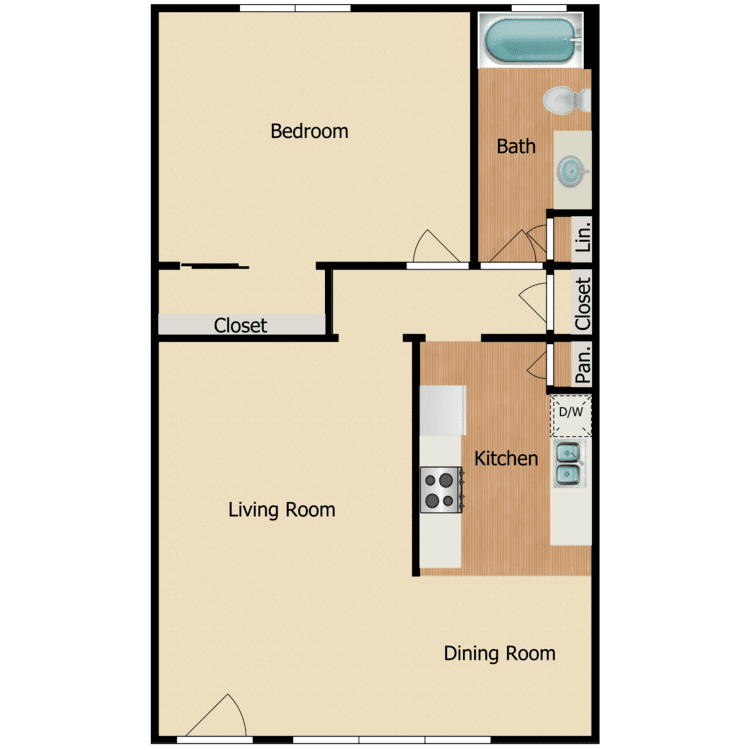 Plan 1C, a 1 bedroom 1 bathroom floor plan.