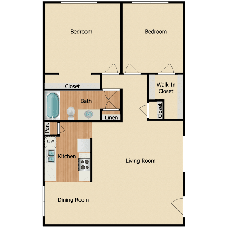 Plan 2, a 2 bedroom 1 bathroom floor plan.