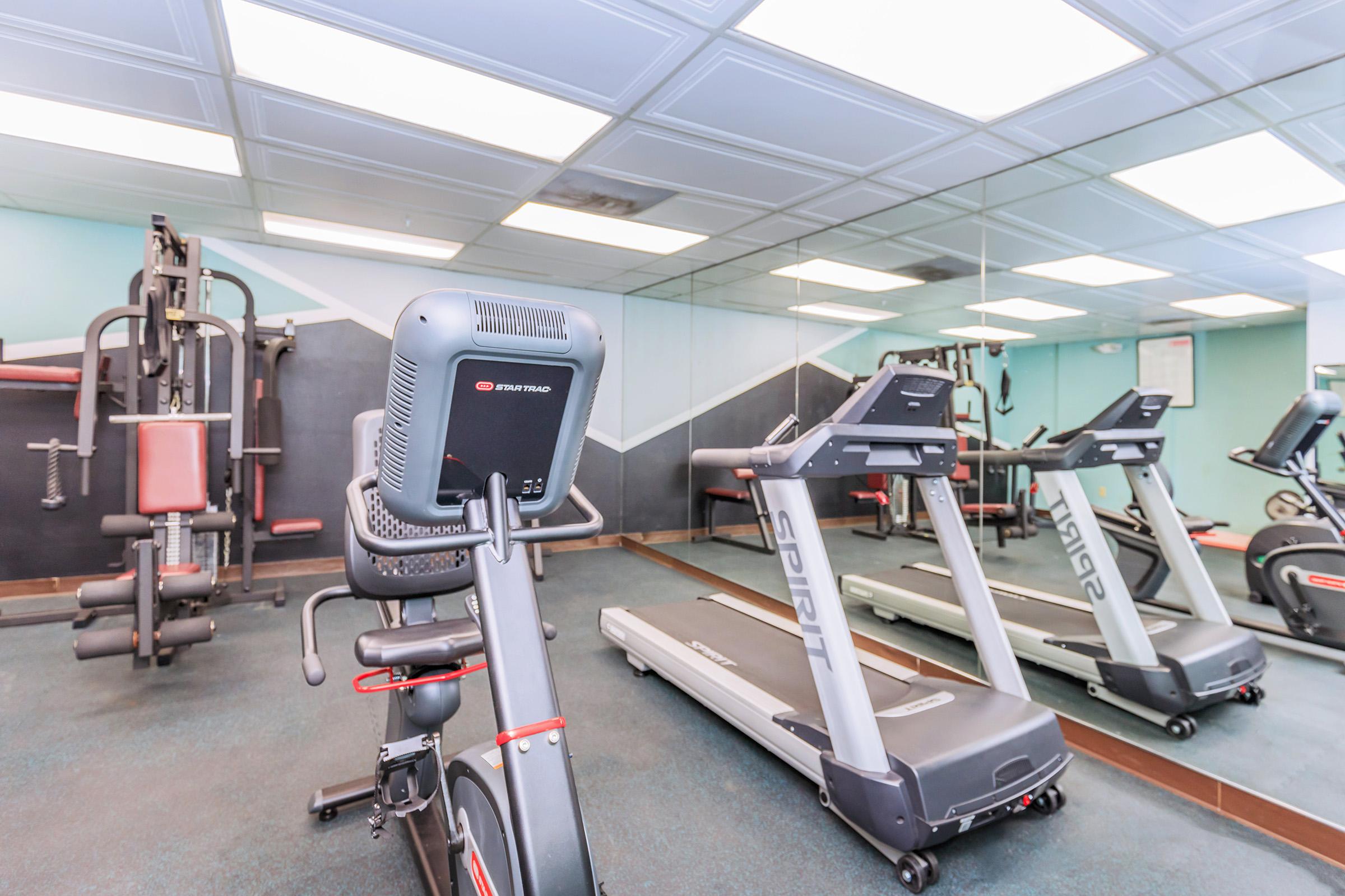 A well-equipped gym featuring exercise machines, including a treadmill and a stationary bike, with a mirror on one wall. The decor has a light blue and black color scheme, providing a spacious and modern workout environment.