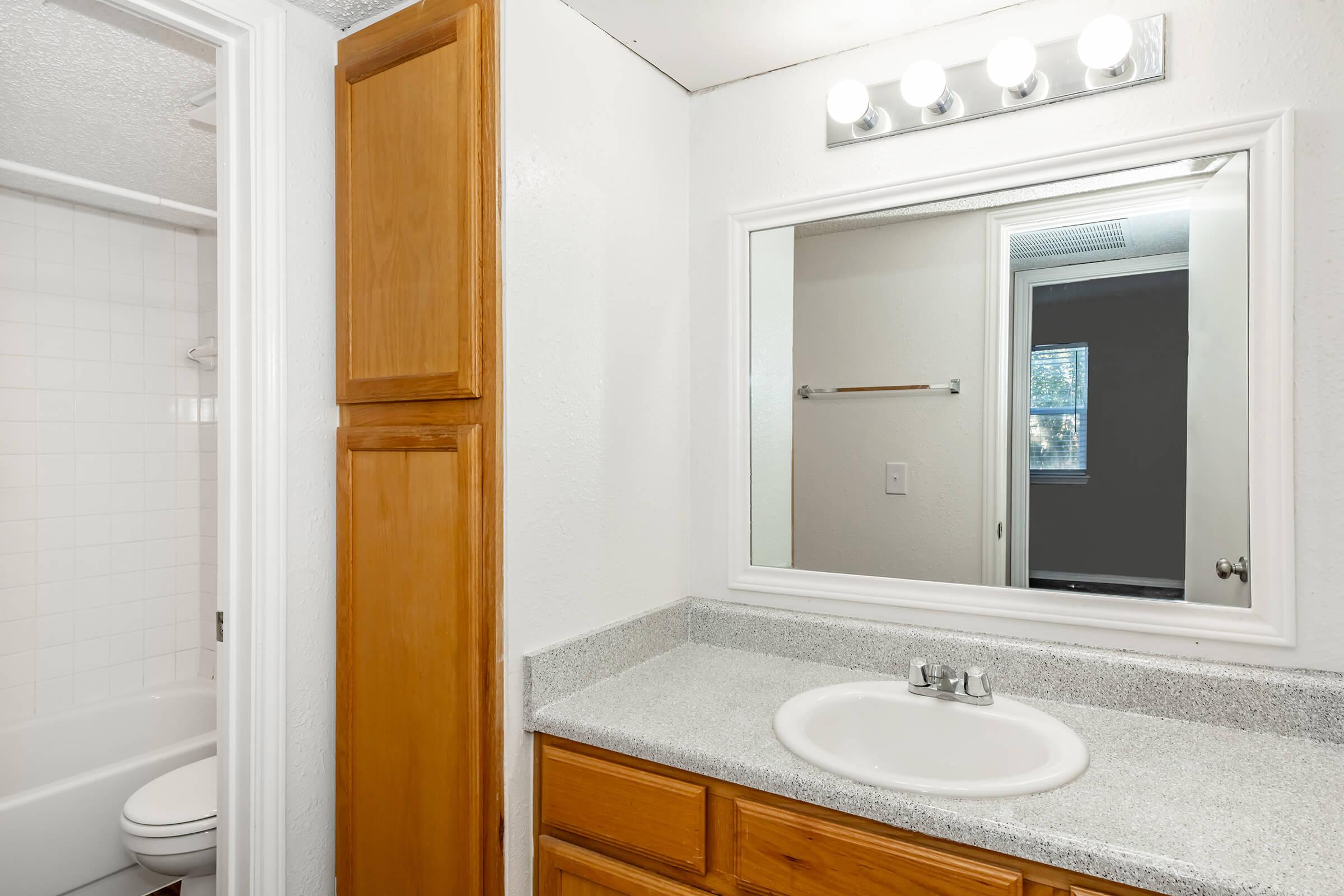 A bathroom featuring a white bathtub and toilet in a separate area, a single sink with a granite countertop, wooden cabinetry, and a large mirror above the sink. There is a light fixture with multiple bulbs above the mirror, and a towel rack on the wall. Natural light enters through a nearby window.
