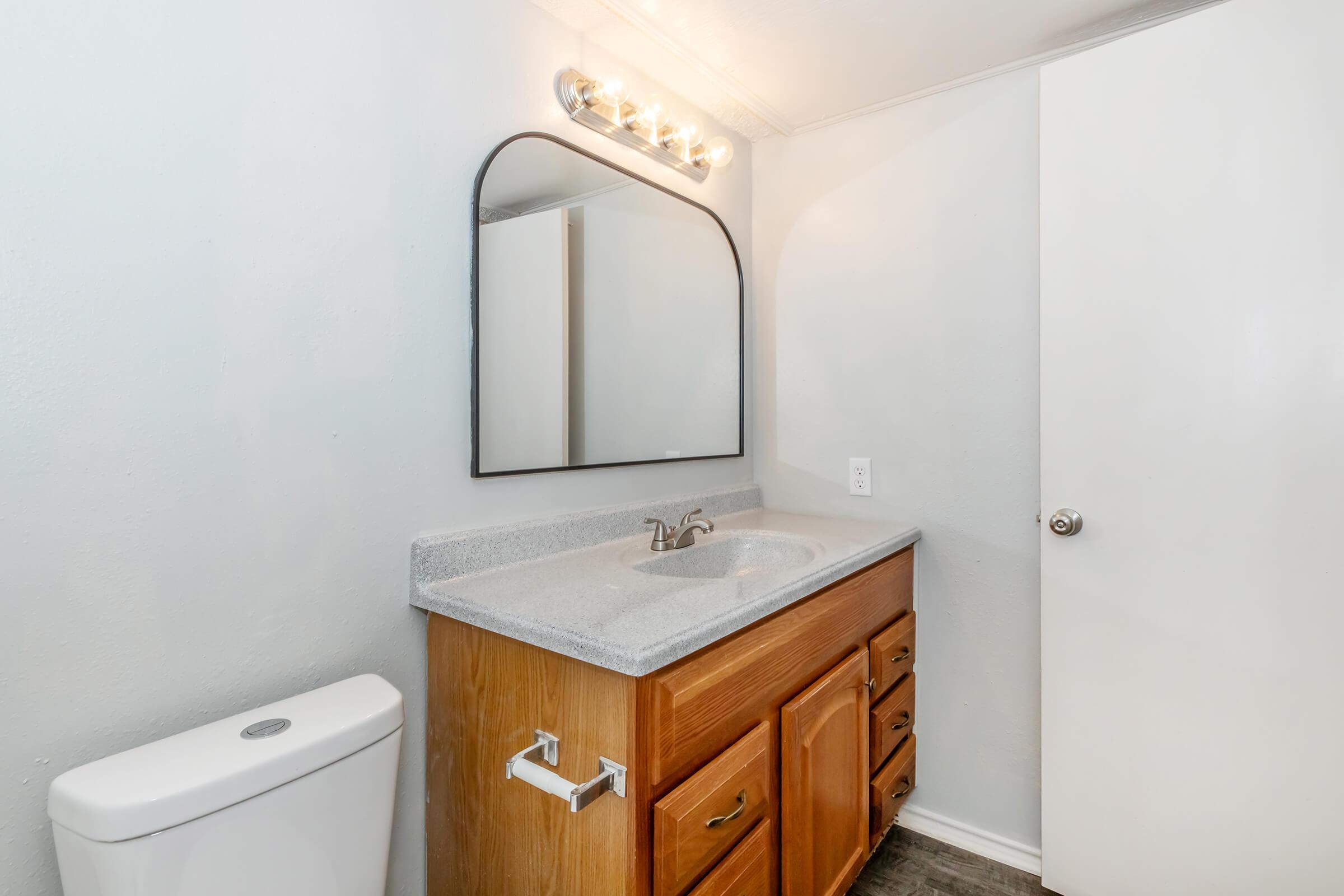 A modern bathroom featuring a light gray wall, a sink with a granite countertop, and wooden cabinetry. A large, arched mirror is above the sink, and a light fixture with multiple bulbs is mounted on the wall. A white toilet is positioned to the left, and a closed white door is visible on the right.
