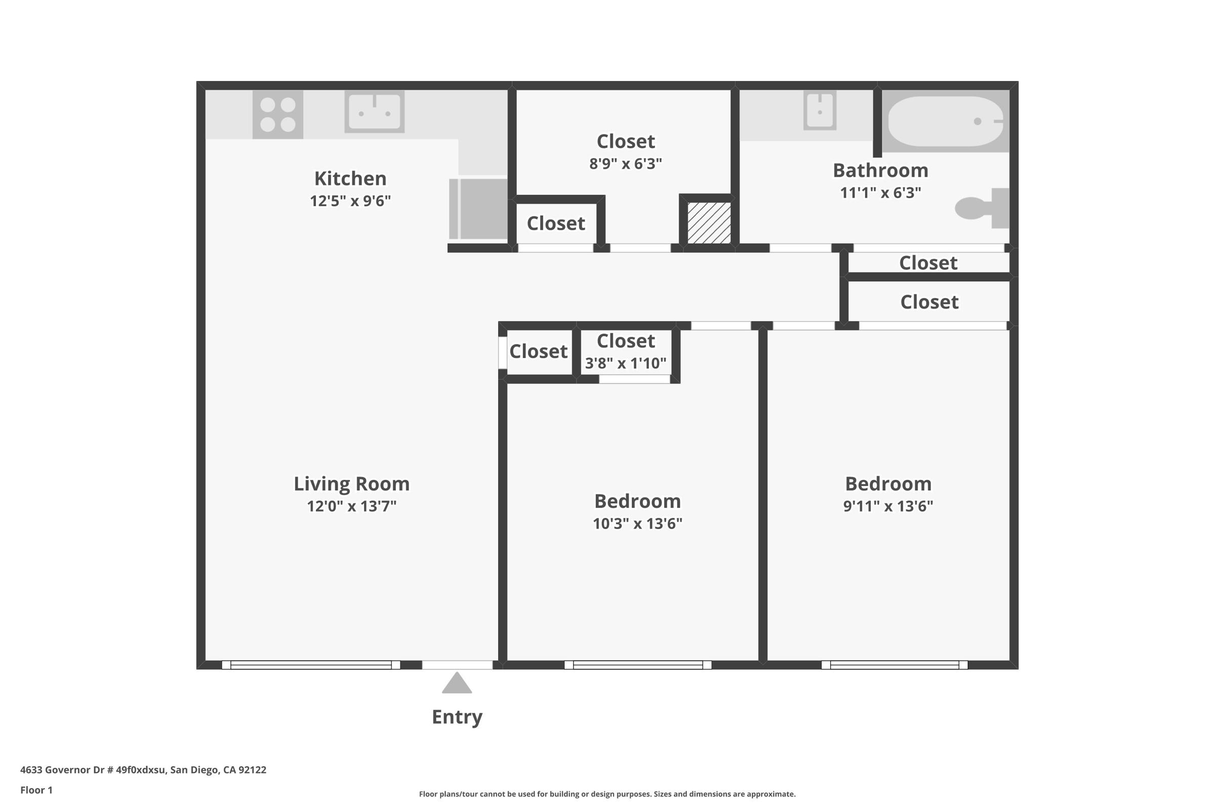 Floor plan of a one-story apartment featuring an entryway, living room, kitchen, bathroom, and two bedrooms, each with closets. The dimensions of each room are labeled, including the living room (12' x 13'7"), kitchen (12' x 9'6"), and bedrooms (10'3" x 13'6" and 9' x 11').