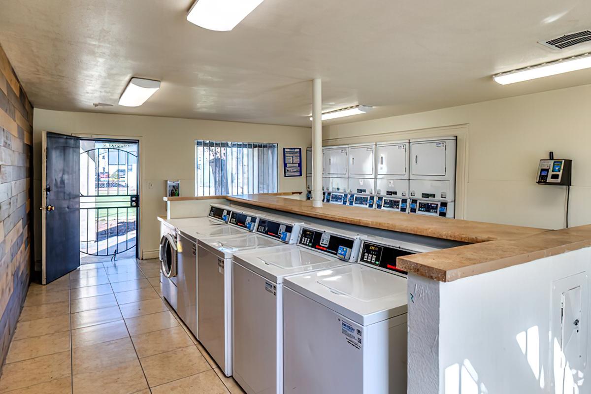 A clean and well-lit laundry room featuring several washing machines and dryers lined up against a wall. There are lockers for storage, a large window providing natural light, and a door leading outside. The floor is tiled, and the walls have a modern design with a mix of textures.