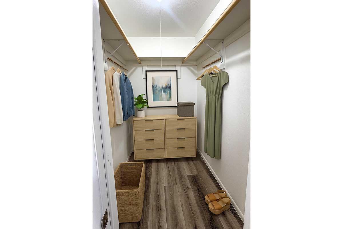 A well-organized closet featuring a light wooden dresser, hanging clothes including a blue jacket and a green dress. A framed artwork is on the wall, and a potted plant sits on top of the dresser. A woven basket and a pair of sandals are on the floor, with neutral-colored walls and wood-like flooring.