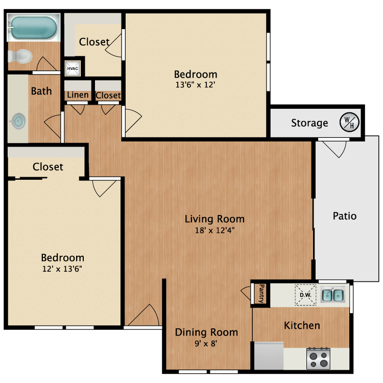 Floor plan image of Two Bedroom One Bath
