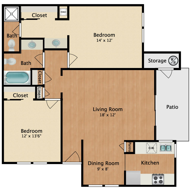 Floor plan image of Two Bedroom Two Bath