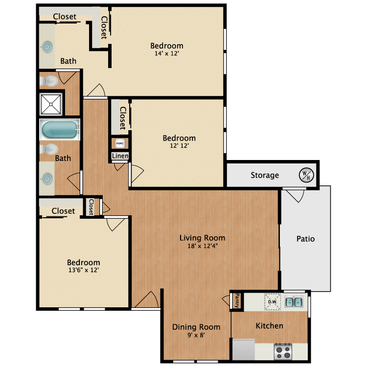 Floor plan image of Three Bedroom Two Bath