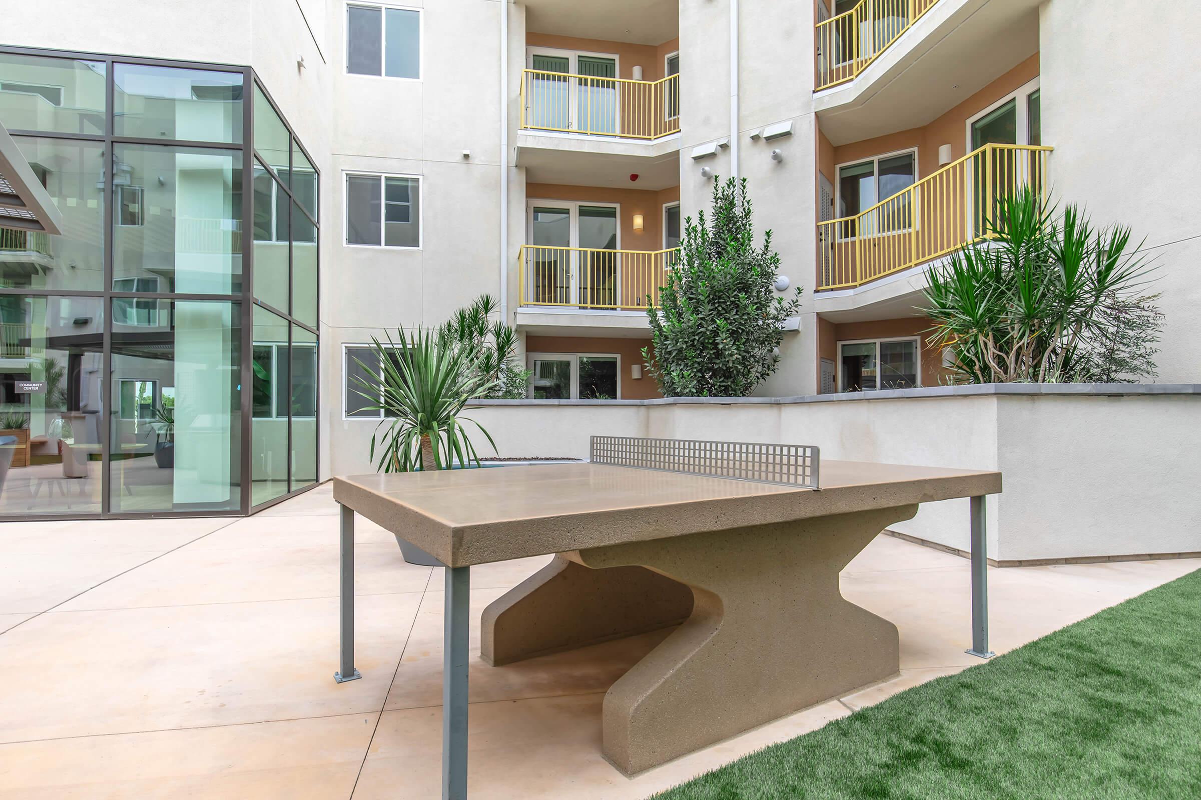 a bench in front of a building