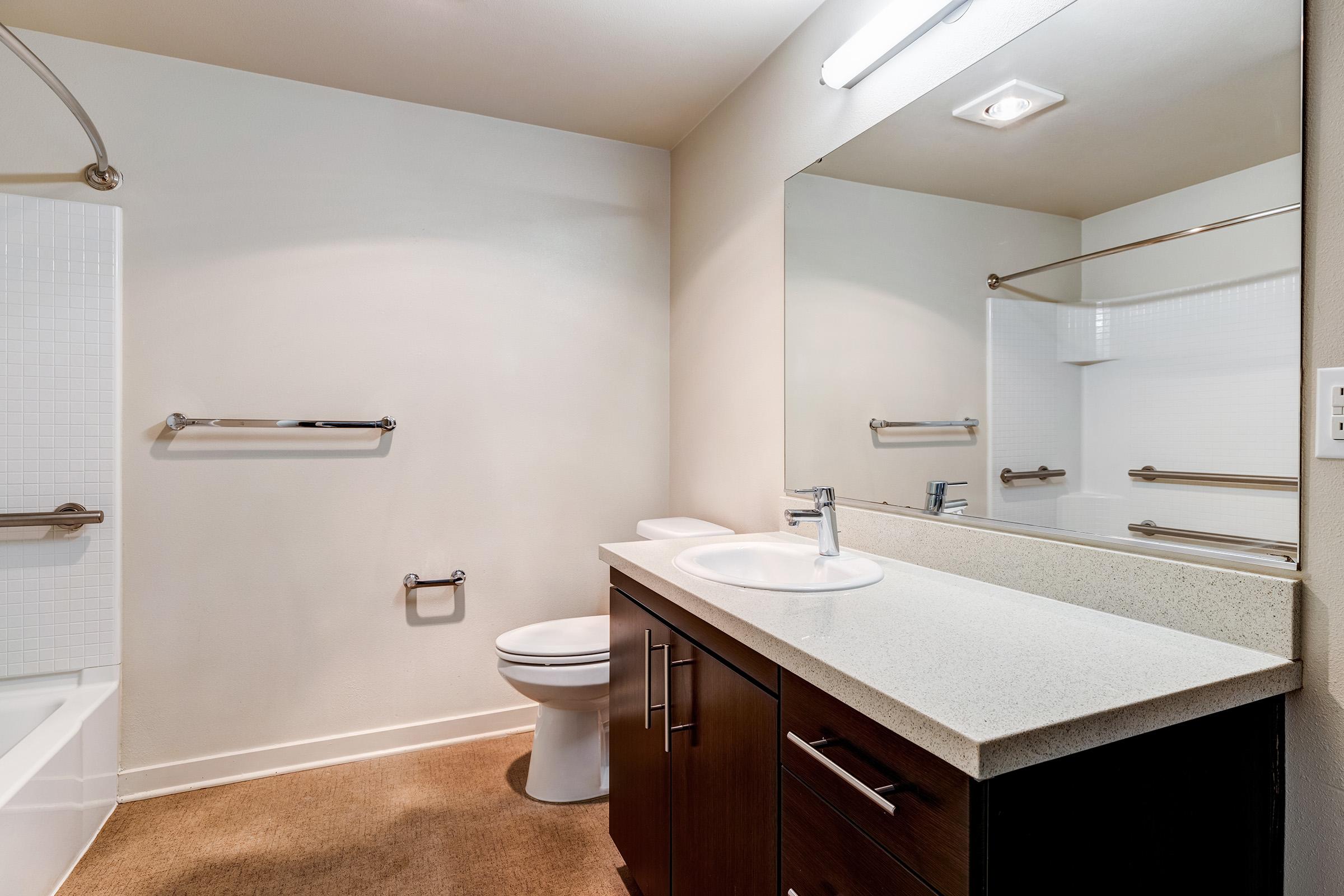 A clean, modern bathroom featuring a bathtub with a shower, a white toilet, and a countertop sink. It has a large mirror above the sink and stainless steel grab bars on the wall. The flooring is carpeted, creating a warm atmosphere in the space.