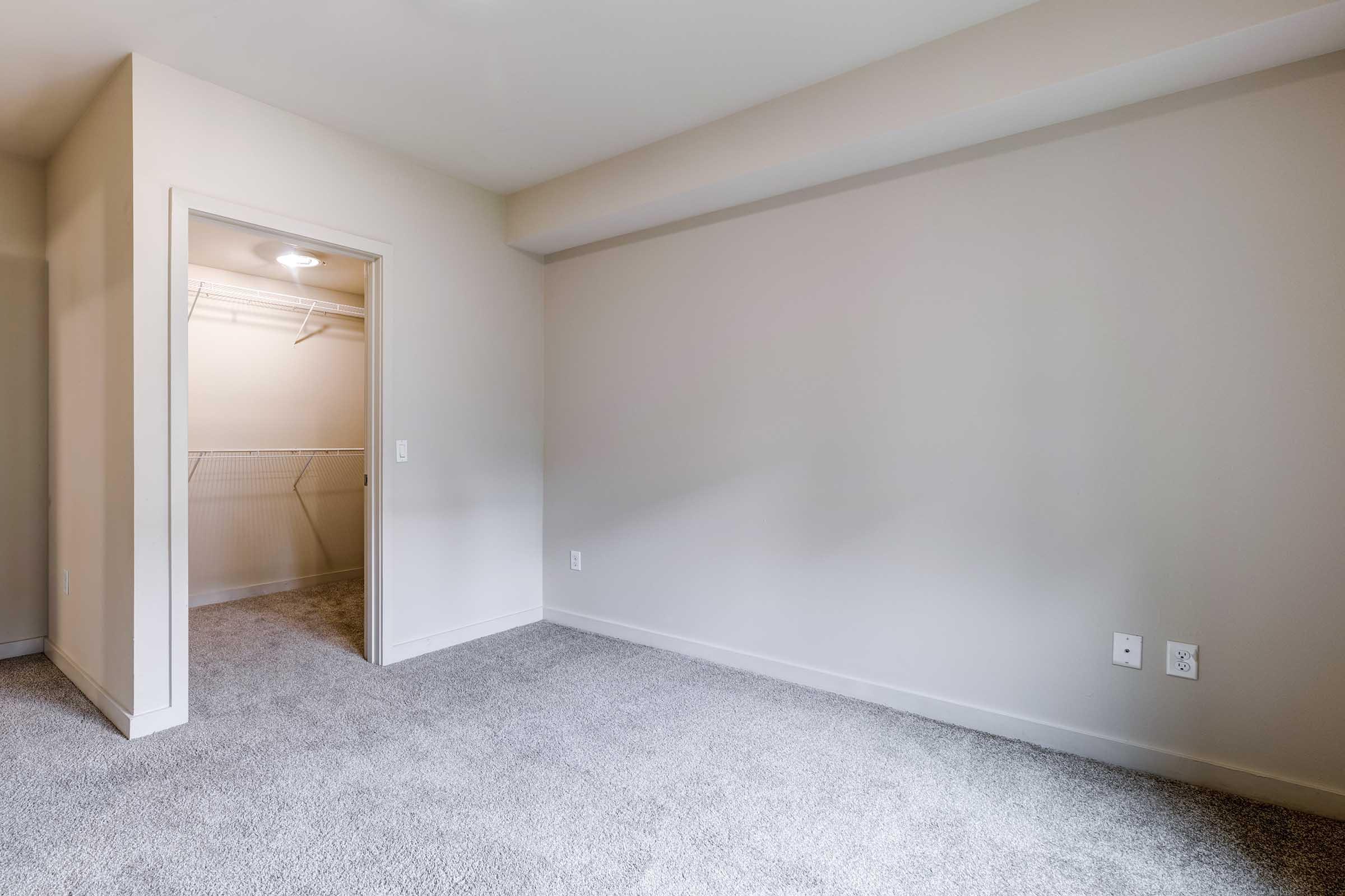 A spacious, empty room with light-colored walls and a carpeted floor. There's an open door leading to a walk-in closet with a shelf. The room is well-lit and features a simple layout without furniture, creating a clean and airy atmosphere.