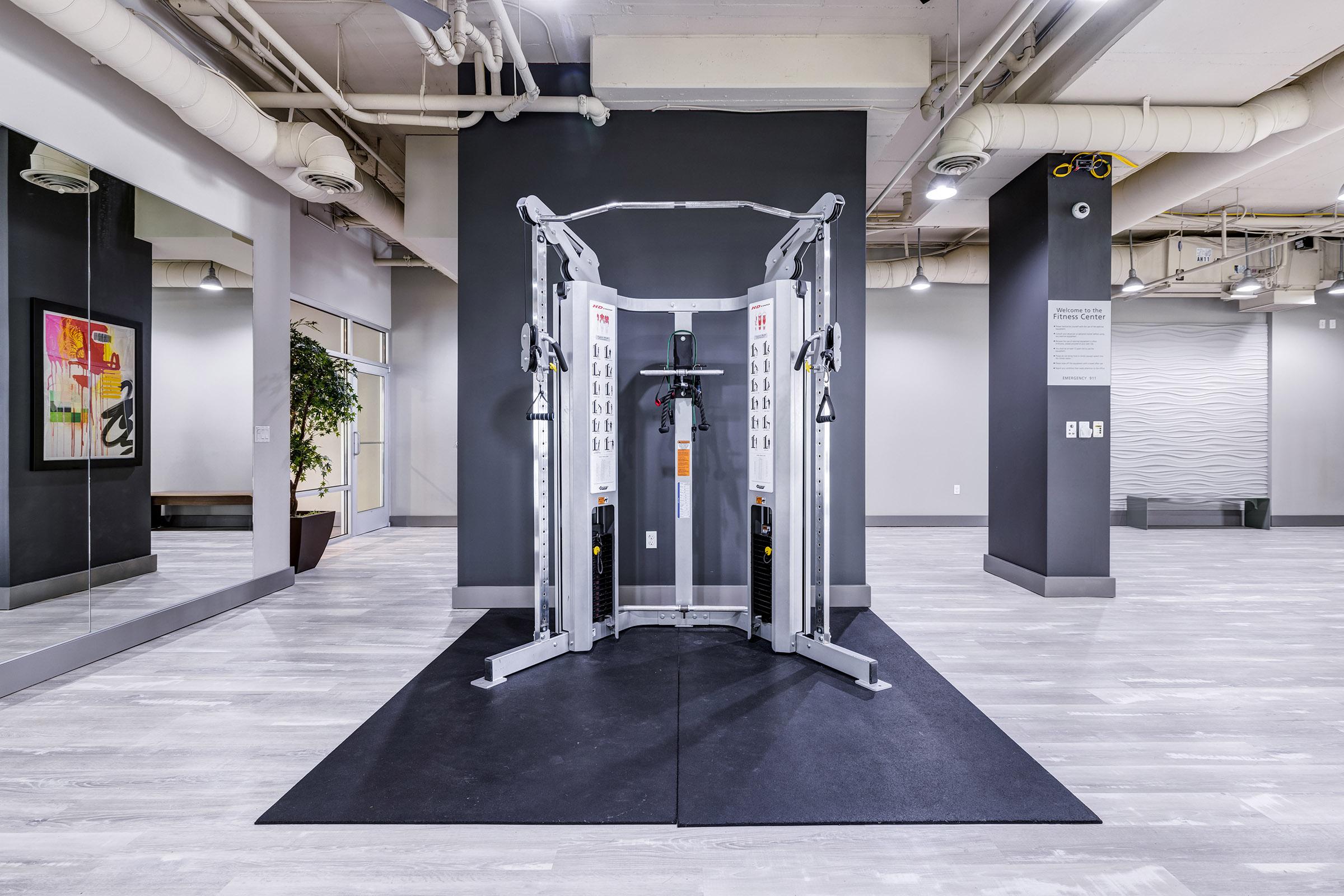 A spacious gym interior featuring a dual cable machine in the center, positioned on a black mat.