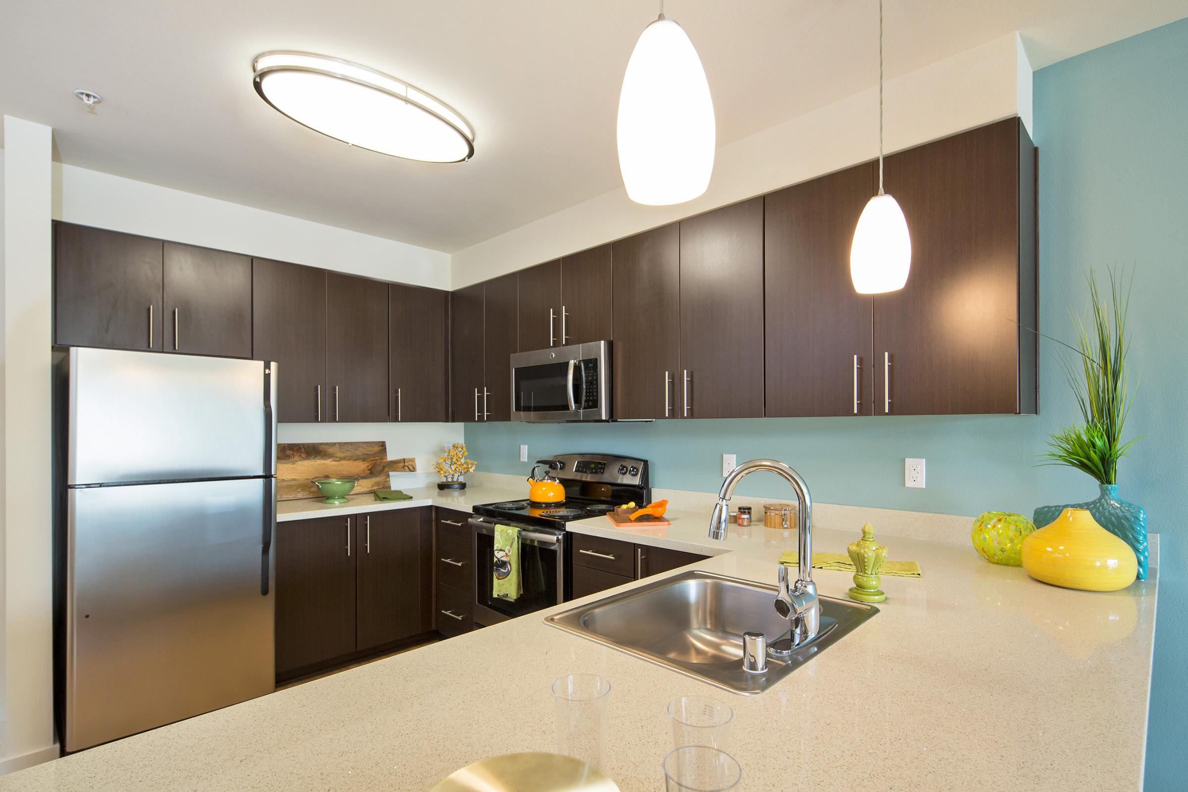 Modern kitchen featuring dark wooden cabinetry, stainless steel appliances, and a light-colored countertop.