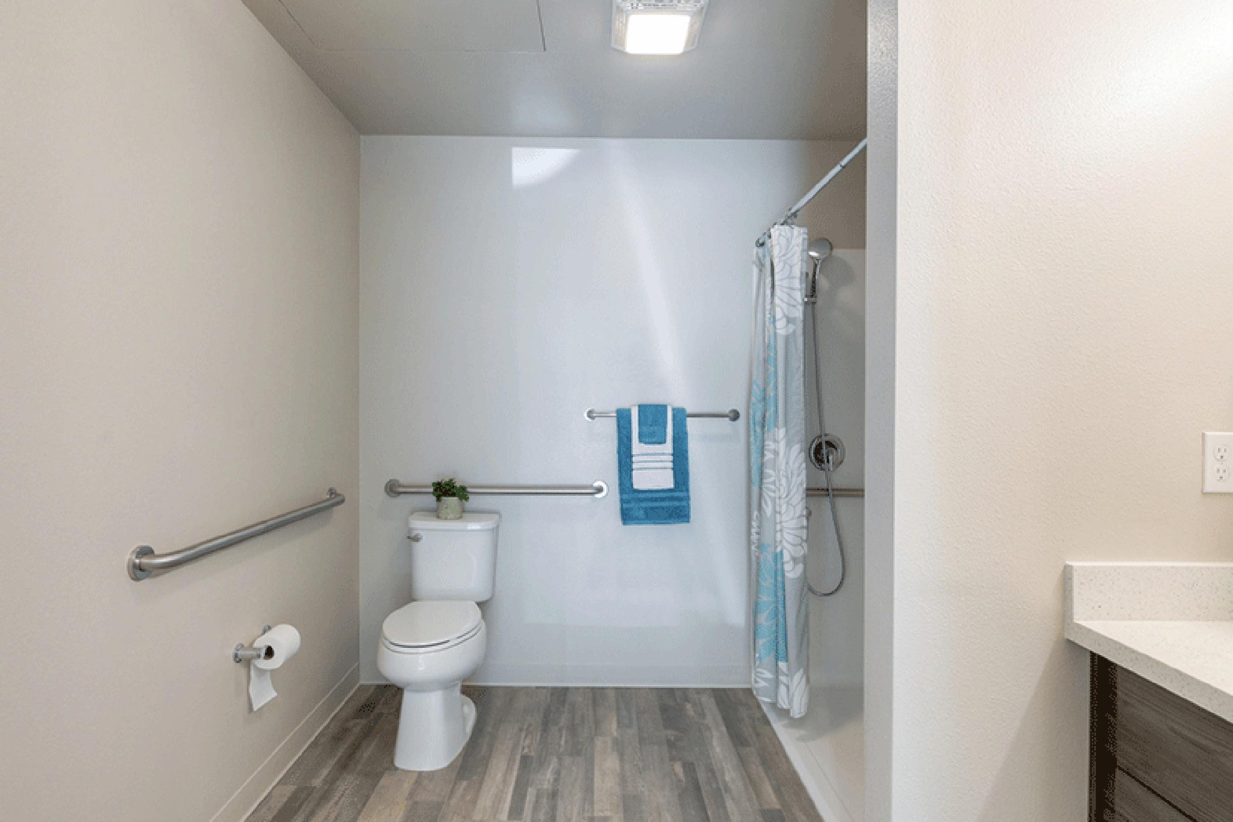 A clean and modern bathroom featuring a white toilet, a walk-in shower with a blue and white patterned shower curtain, grab bars, and a small towel hanging on the wall. The floor is covered with textured tiles, and there's a small plant on the counter. Bright, neutral-colored walls enhance the spacious feel.