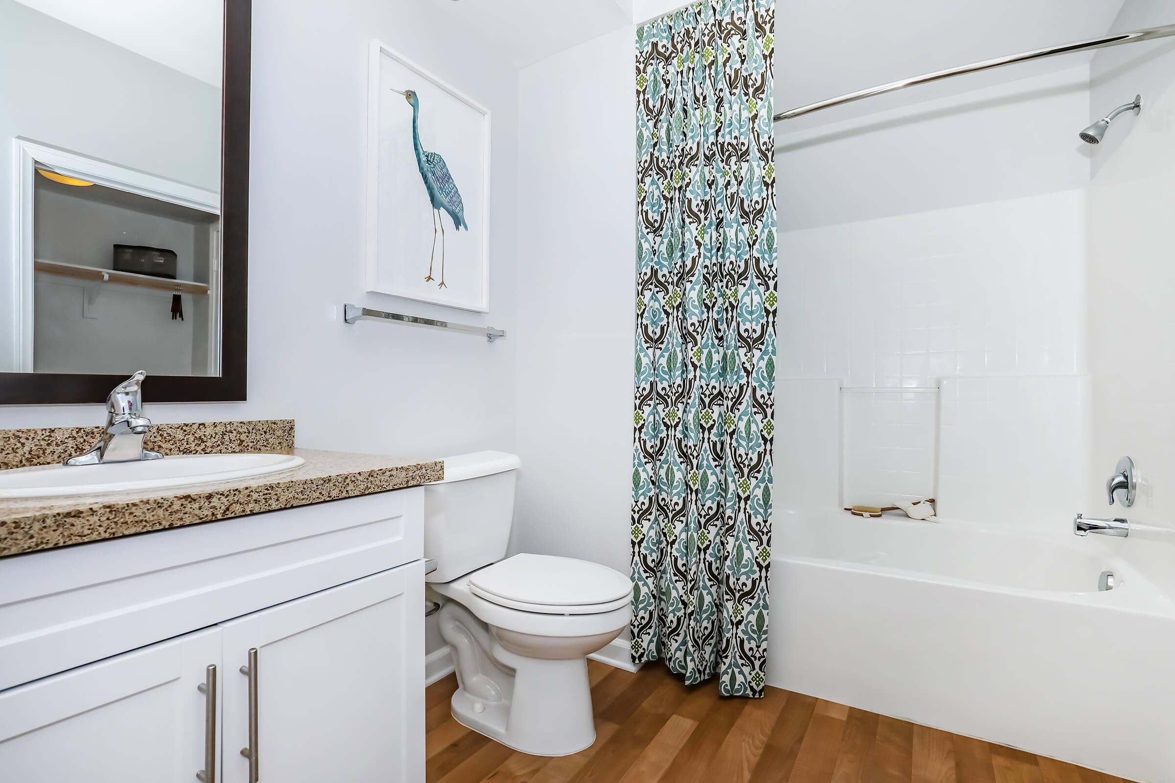 Apartments Near CSU Channel Islands in Oxnard, CA - Artisan at East Village - Bathroom with a Linen Closet, a Large Tub Shower, and a Vanity with Ample Storage