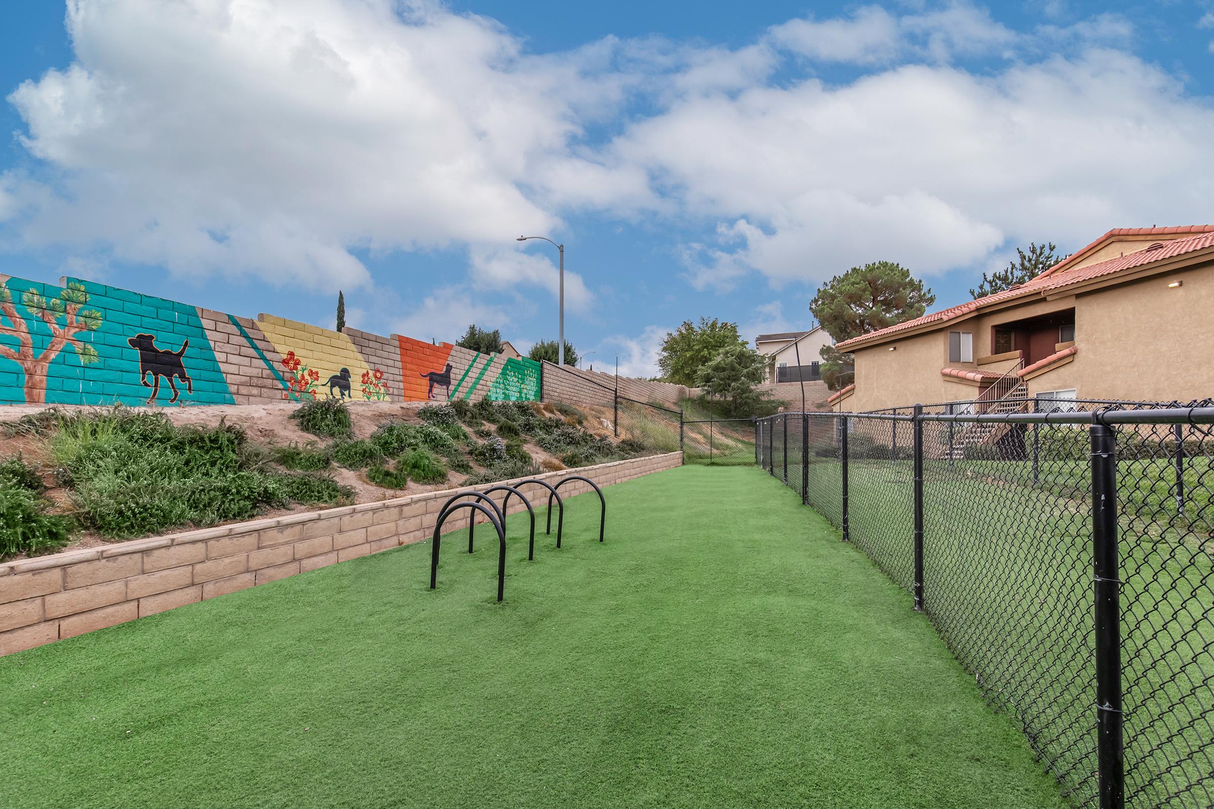 A grassy dog park with agility equipment and colorful murals on surrounding walls. A chain-link fence borders the park, and there are houses in the background under a partly cloudy sky.