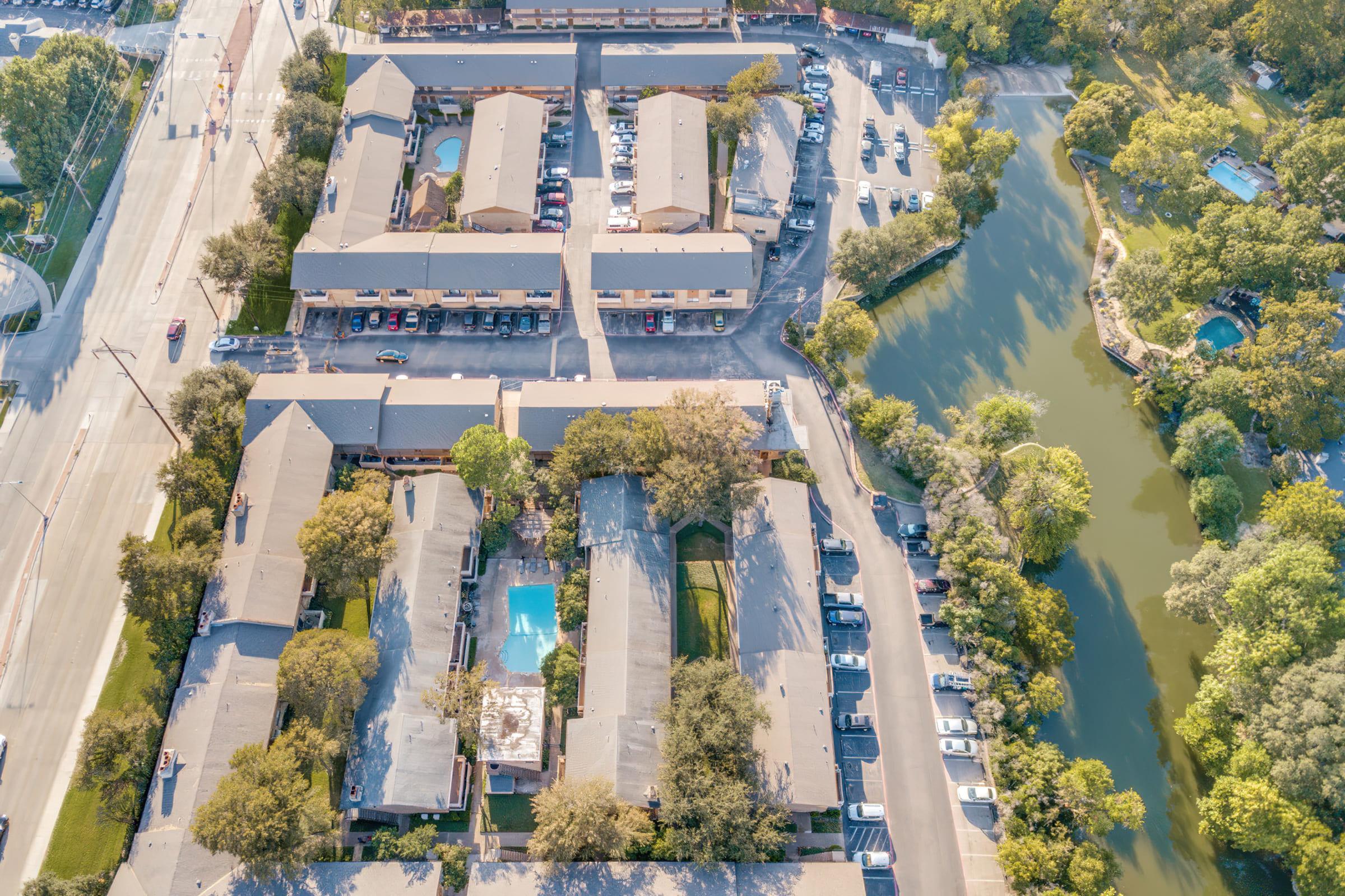 aerial photo of community buildings and community pool