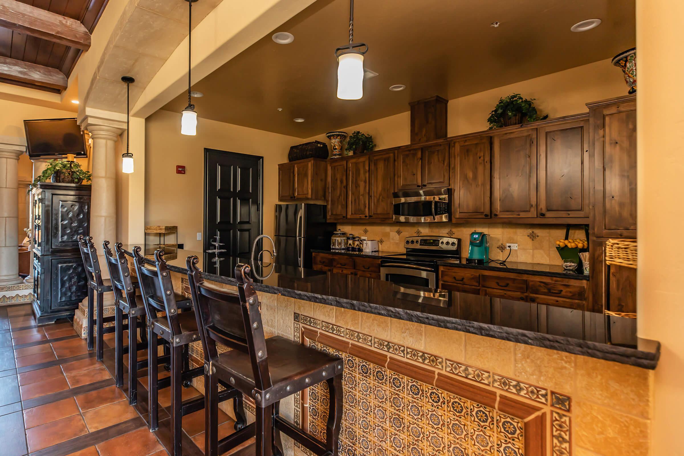 a kitchen with a dining table