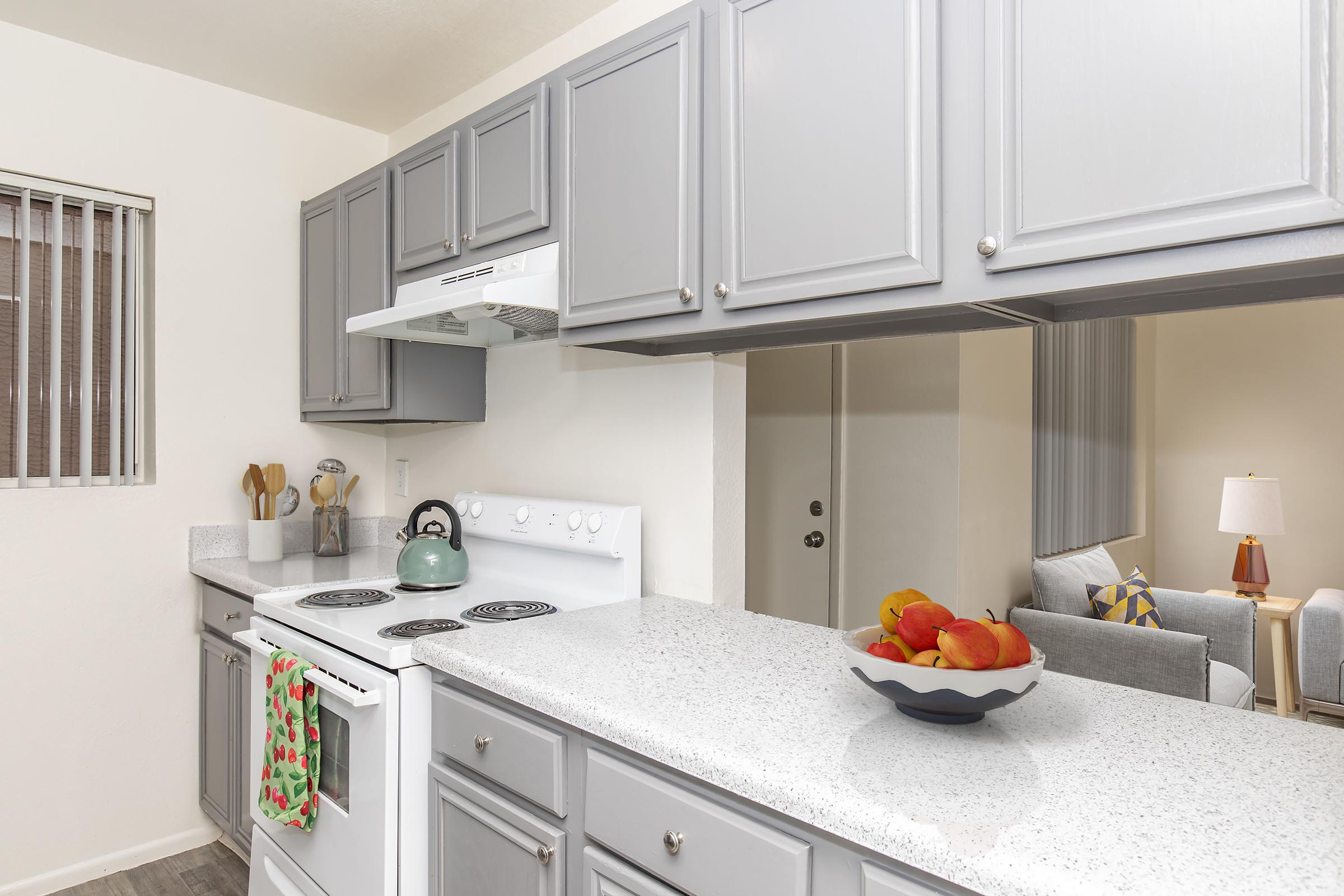 A modern kitchen featuring gray cabinetry, a white countertop, and an electric stove. There's a teal kettle on the stove and a bowl of red apples on the counter. In the background, a living area is visible, furnished with a couch and a lamp. Natural light enters through a window with vertical blinds.